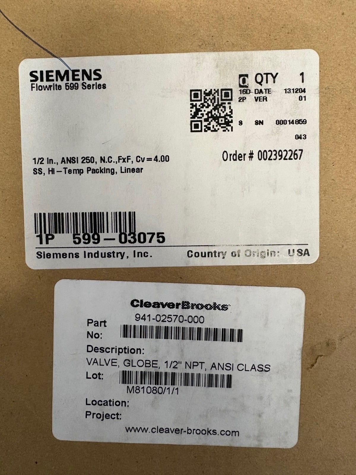 Siemens Flowrite 599 Series Globe Valve 40 VC 1/2″ 599-03075