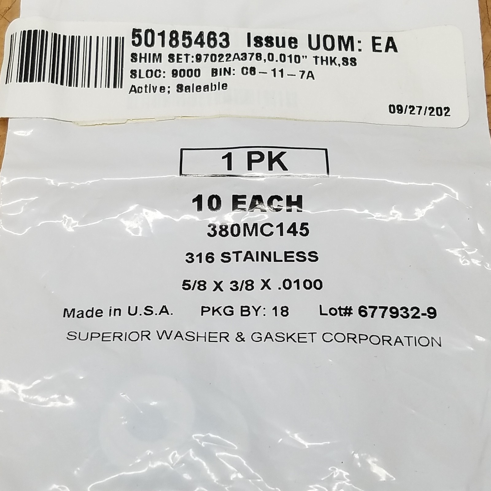 Superior Washers & Gasket Corp. 380MC145 Shim, 5/8″ x 3/8″, Pack of 10 – NEW