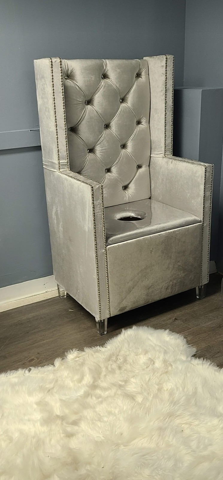 Gray velour custom made V-Steam Throne/chair with silver nail heads