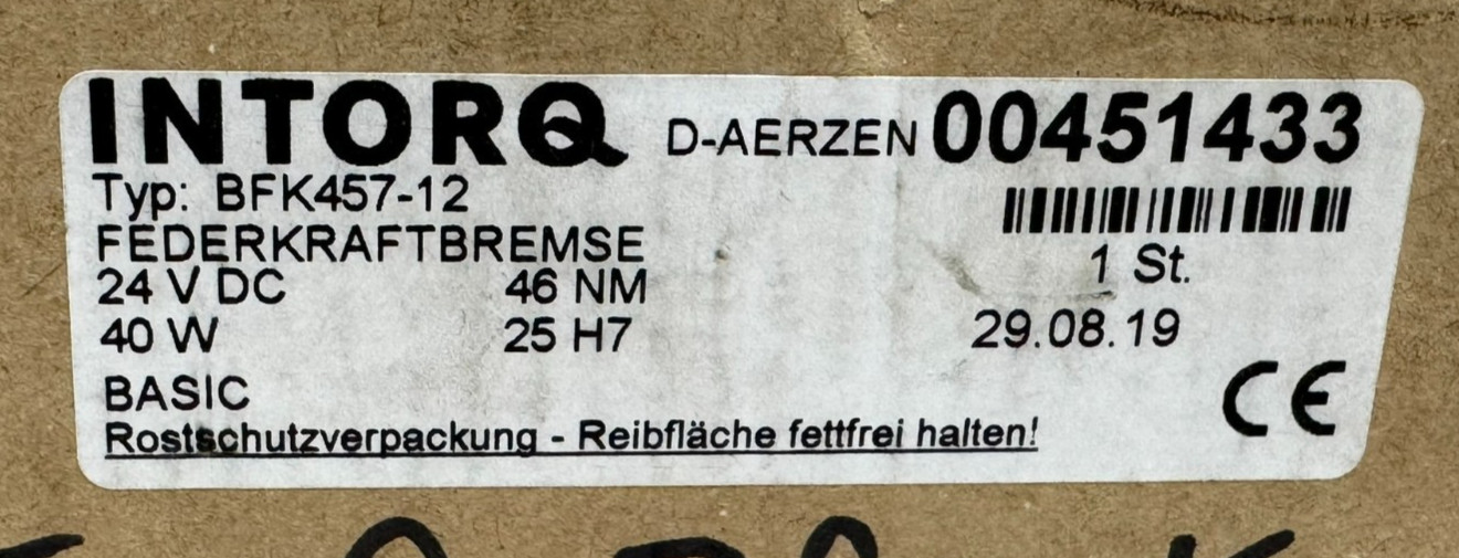 NEW INTORQ BFK457-12 BRAKE ASSEMBLY 00451433 24VDC 40W BASIC