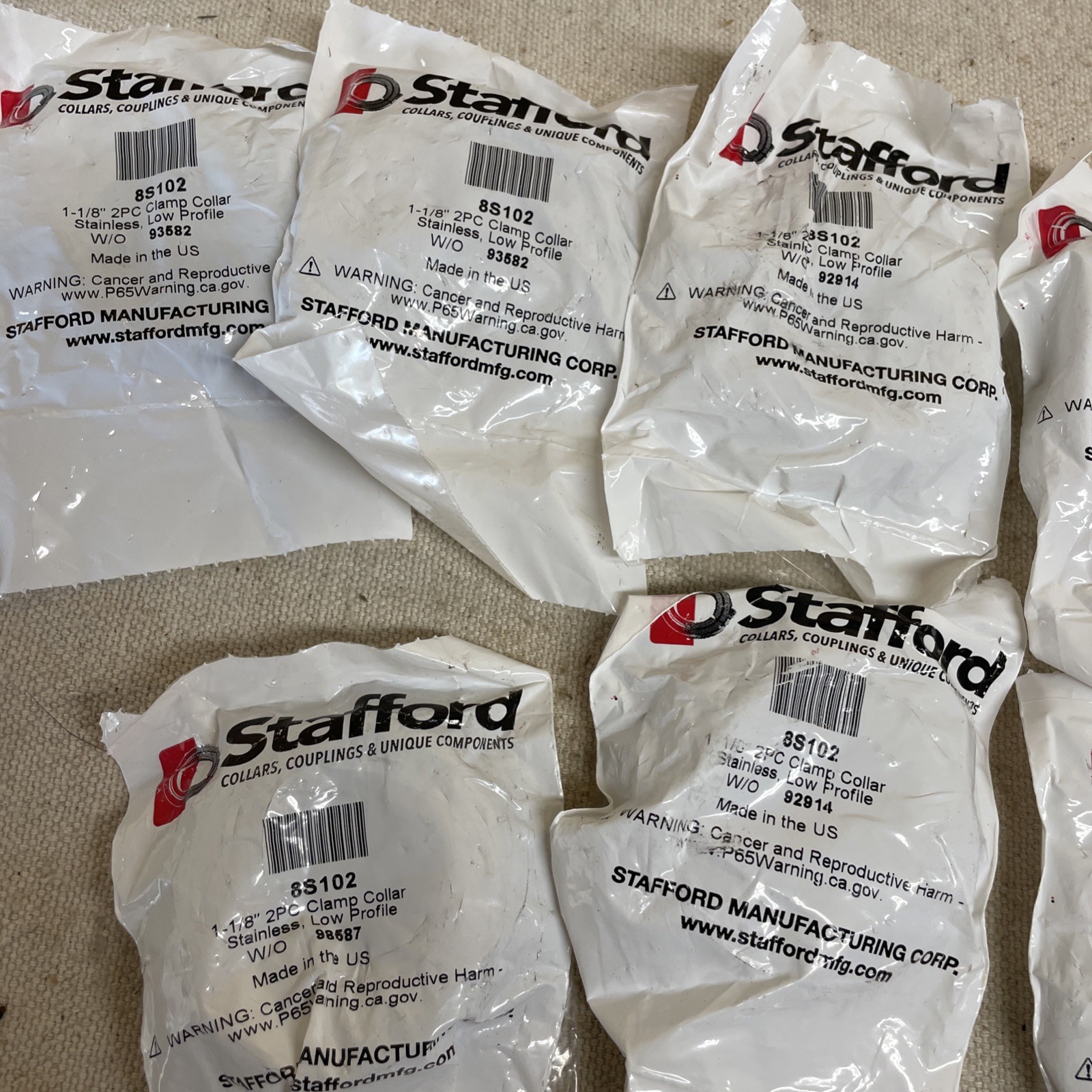 Stafford 8S102 1-1/8″ 2 PC Clamp Collar Stainless Low Profile W/O 63375 Lot Of 8