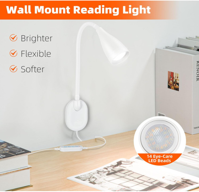 LiFMIRA Wall-Mounted LED Bedside Reading Light with USB Charging Port, 10-Level