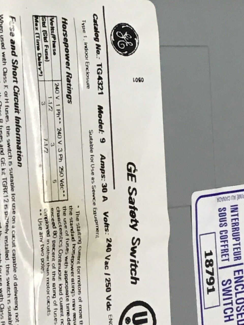 GE ENERGY Safety Switch 30 Amp TG4321 Used #112089