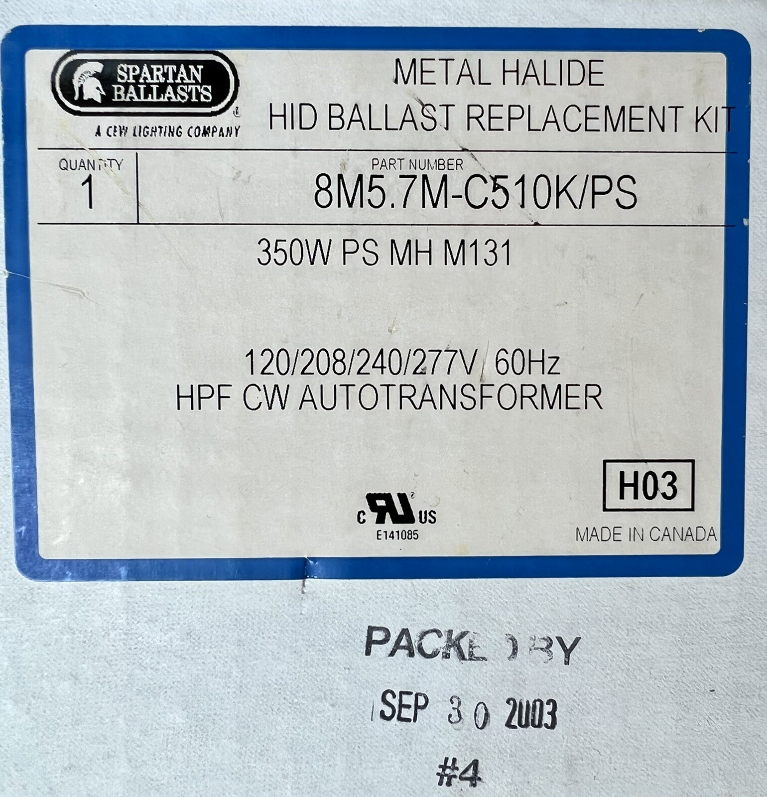 Spartan Ballasts 8M5.7M-C510K/PS Metal Halide 350W Ballast Replacement Kit NewOS