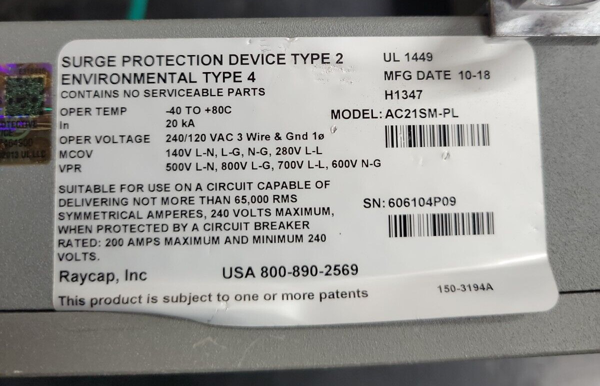 1- Raycap ACDATA AC21SM-PL, TYPE 2 Surge Protection 200A MAX, 240V MAX ~ USED