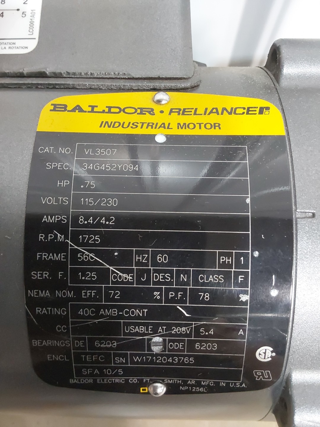 BALDOR RELIANCE .75HP 1PH 115/230V 1725RPM MOTOR VL3507