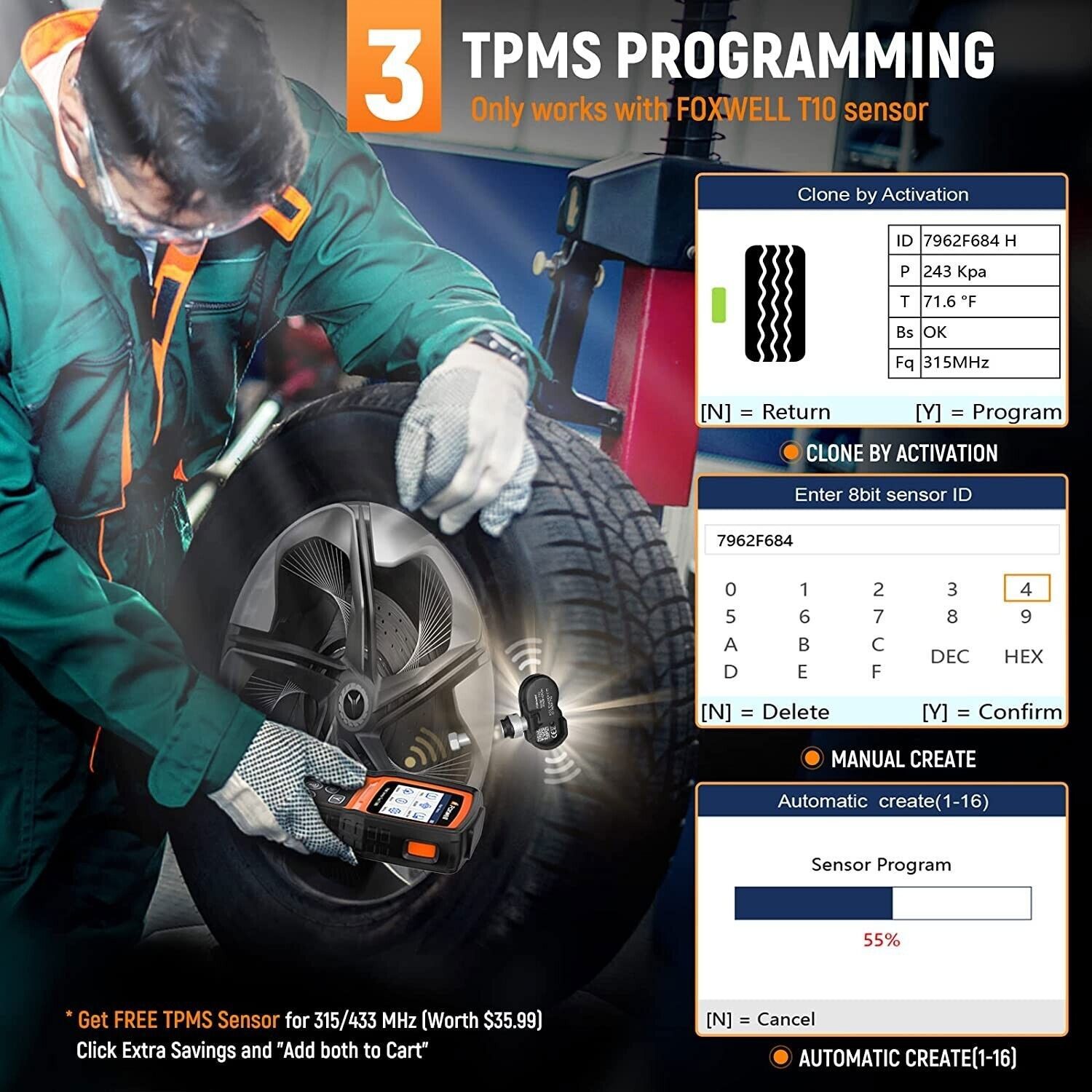 FOXWELL T1000 TPMS Relearn Diagnostic Tool Tire Pressure Sensor Programmer Reset