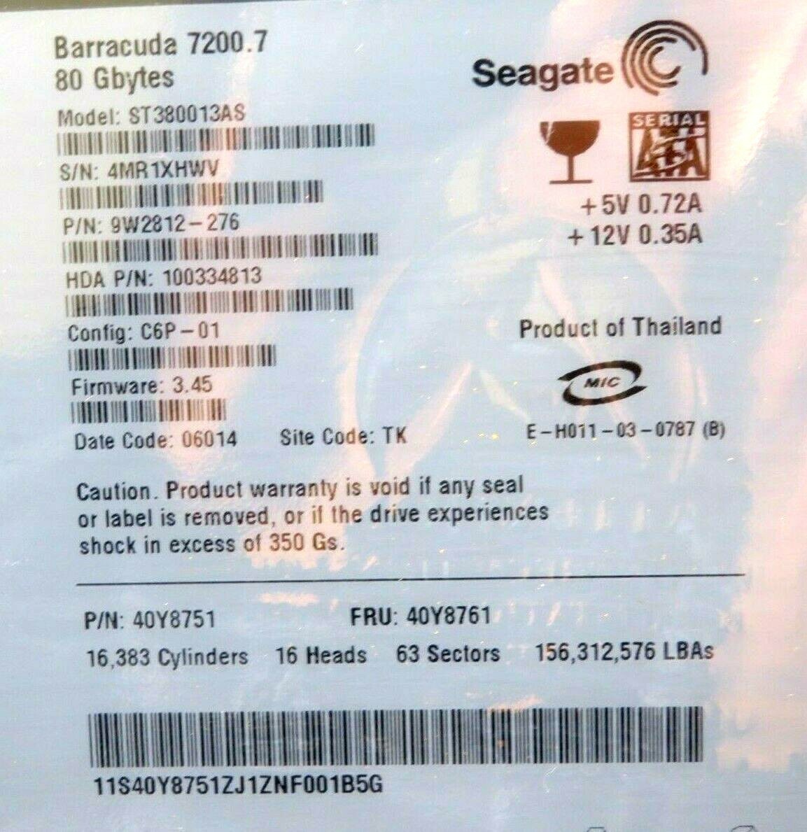NEW SEAGATE ST380013AS BARRACUDA HARD DRIVE 80GB