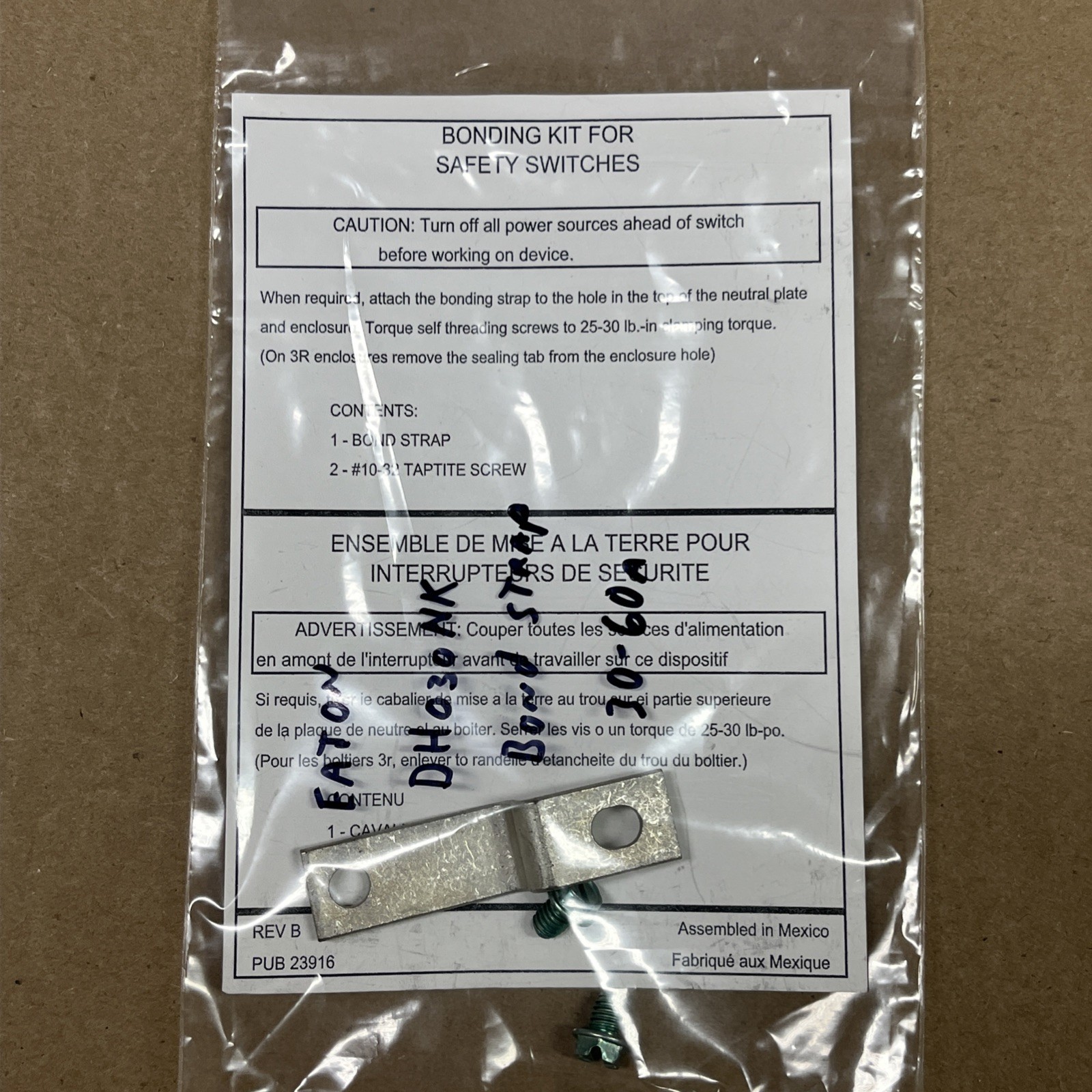 EATON DH030NK Bonding Kit for Safety Switches 30-60A (BOND STRAP & SCREWS ONLY!)