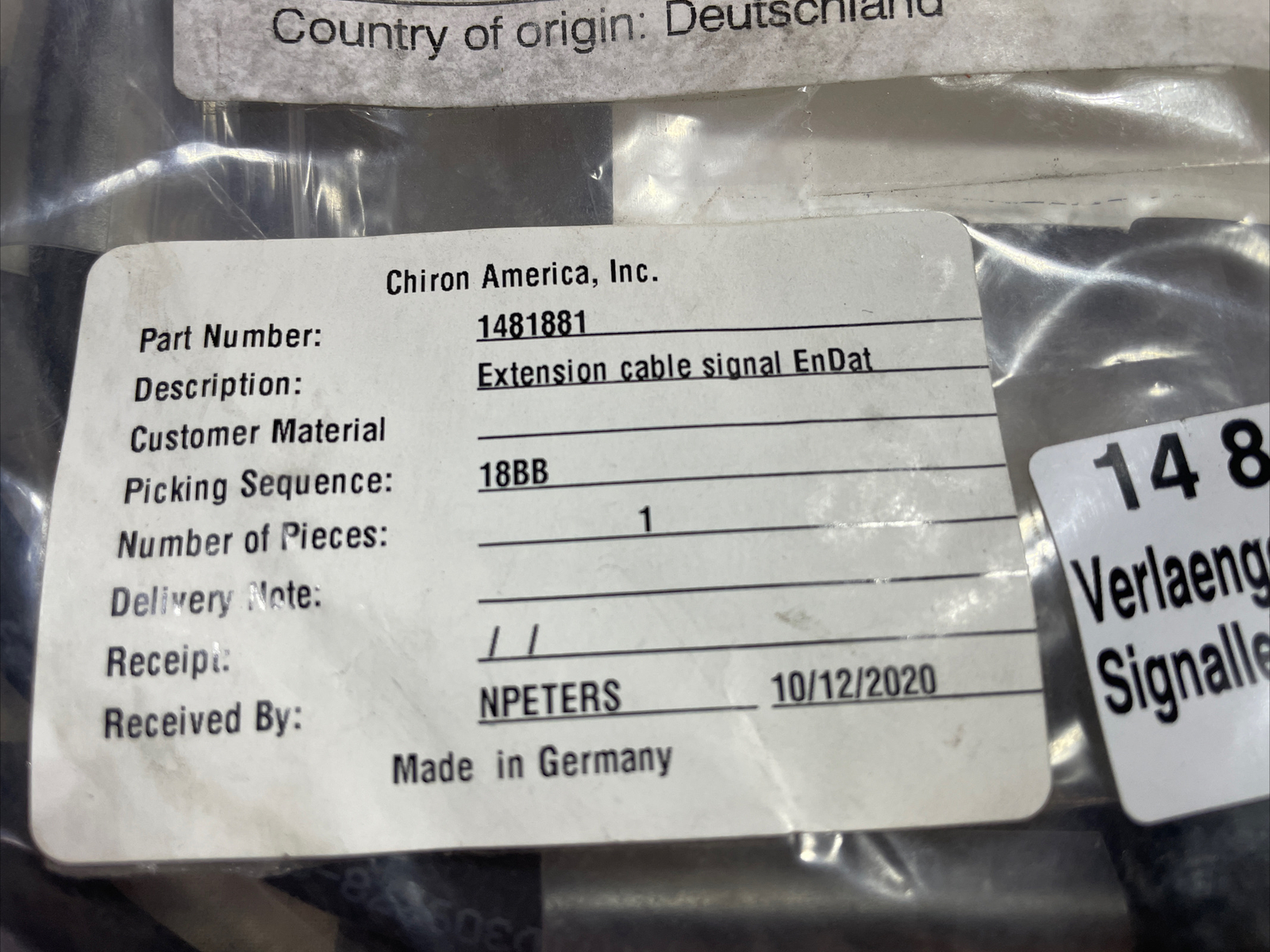 CHIRON 1481881, SIGNAL CABLE EXTENSION 2.5M , SHIPSAMEDAY#1613P10
