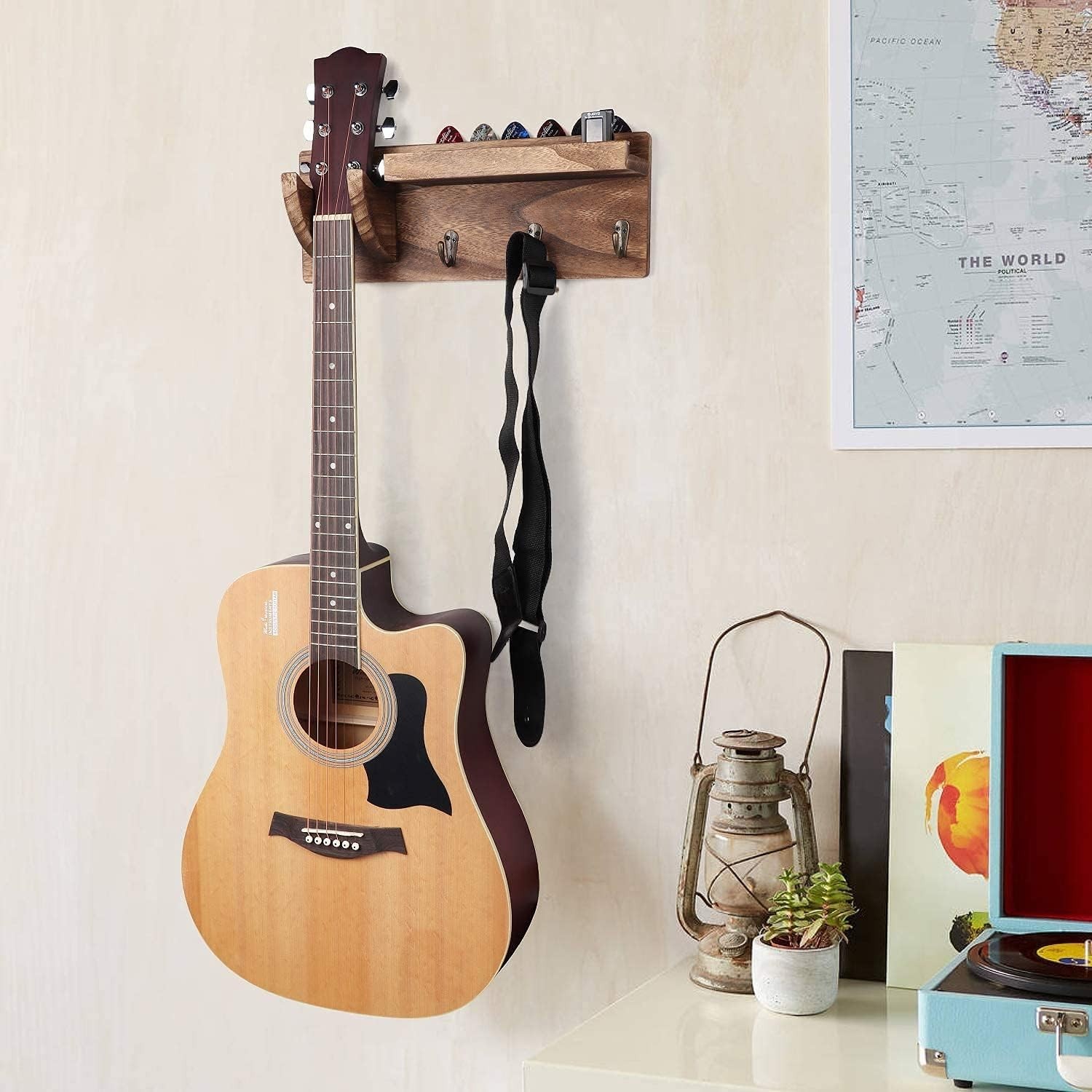 Multifunctional Wall Mount Guitar Hanger with Shelf & Hooks for All Guitar Types