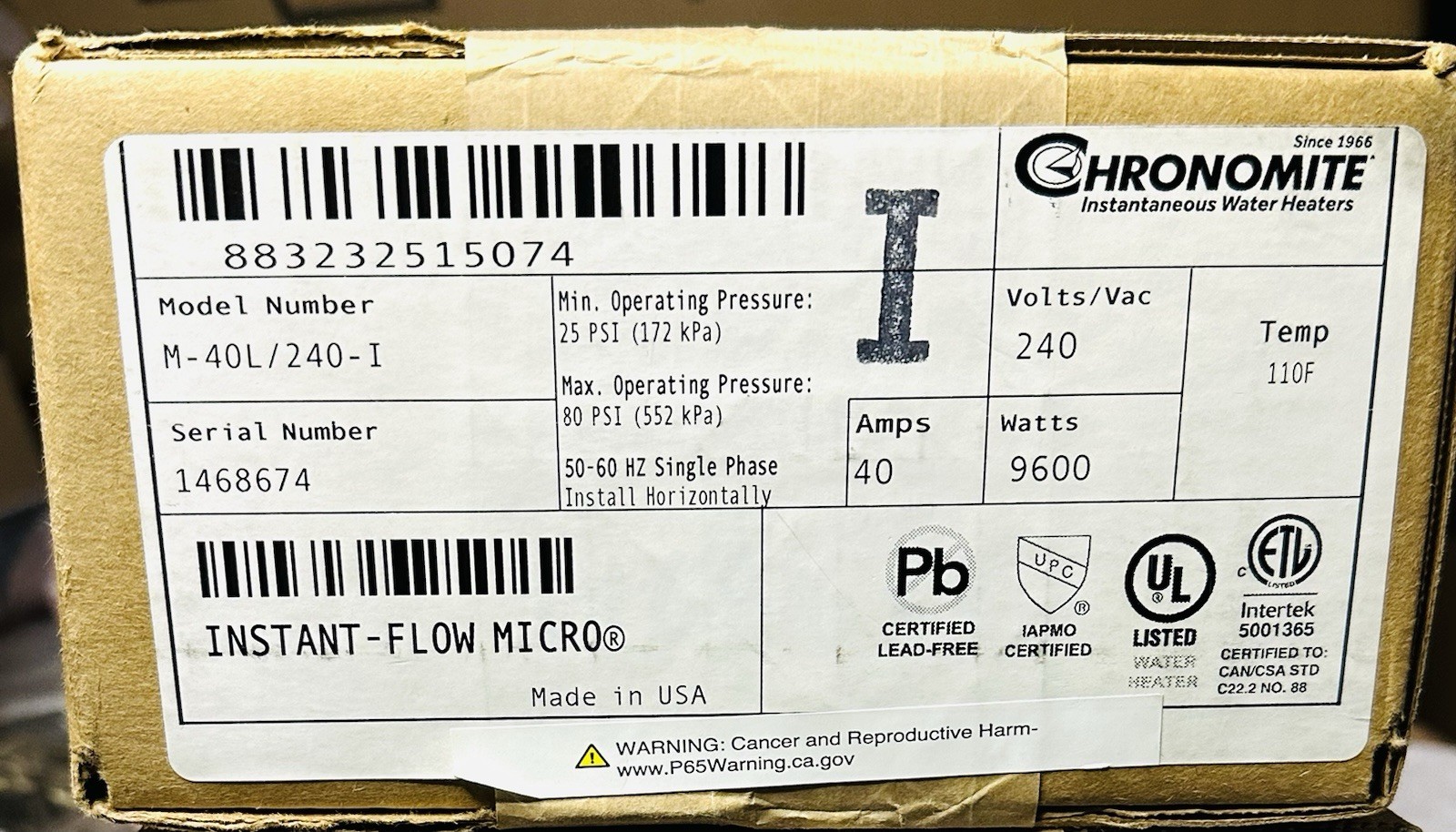 Chronomite M40L/240-I 240V 40A 9.6kW Electric Tankless Water Heater – New Sealed