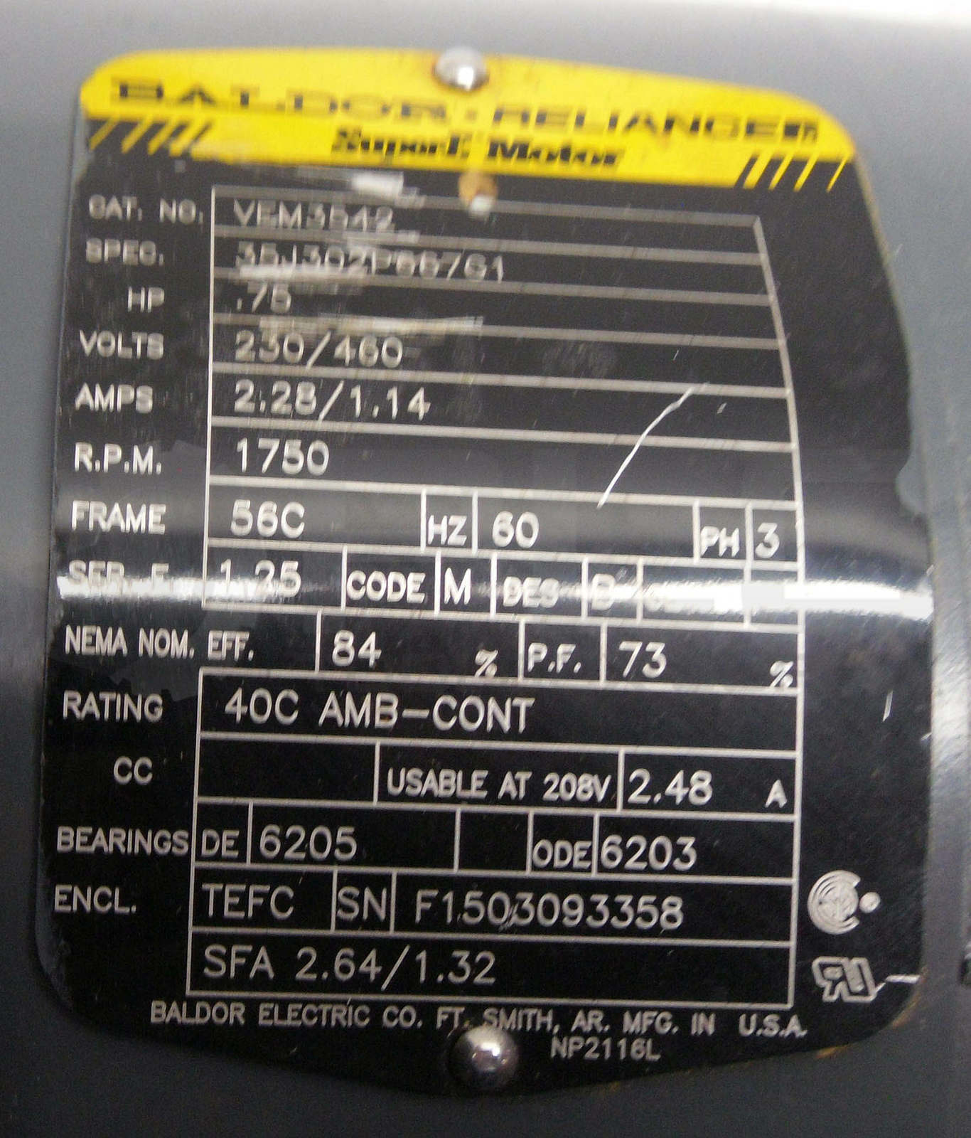 REFURBISHED BALDOR VEM3542 SUPER E MOTOR SPEC 35J302P667G1 HP .75 230/460V