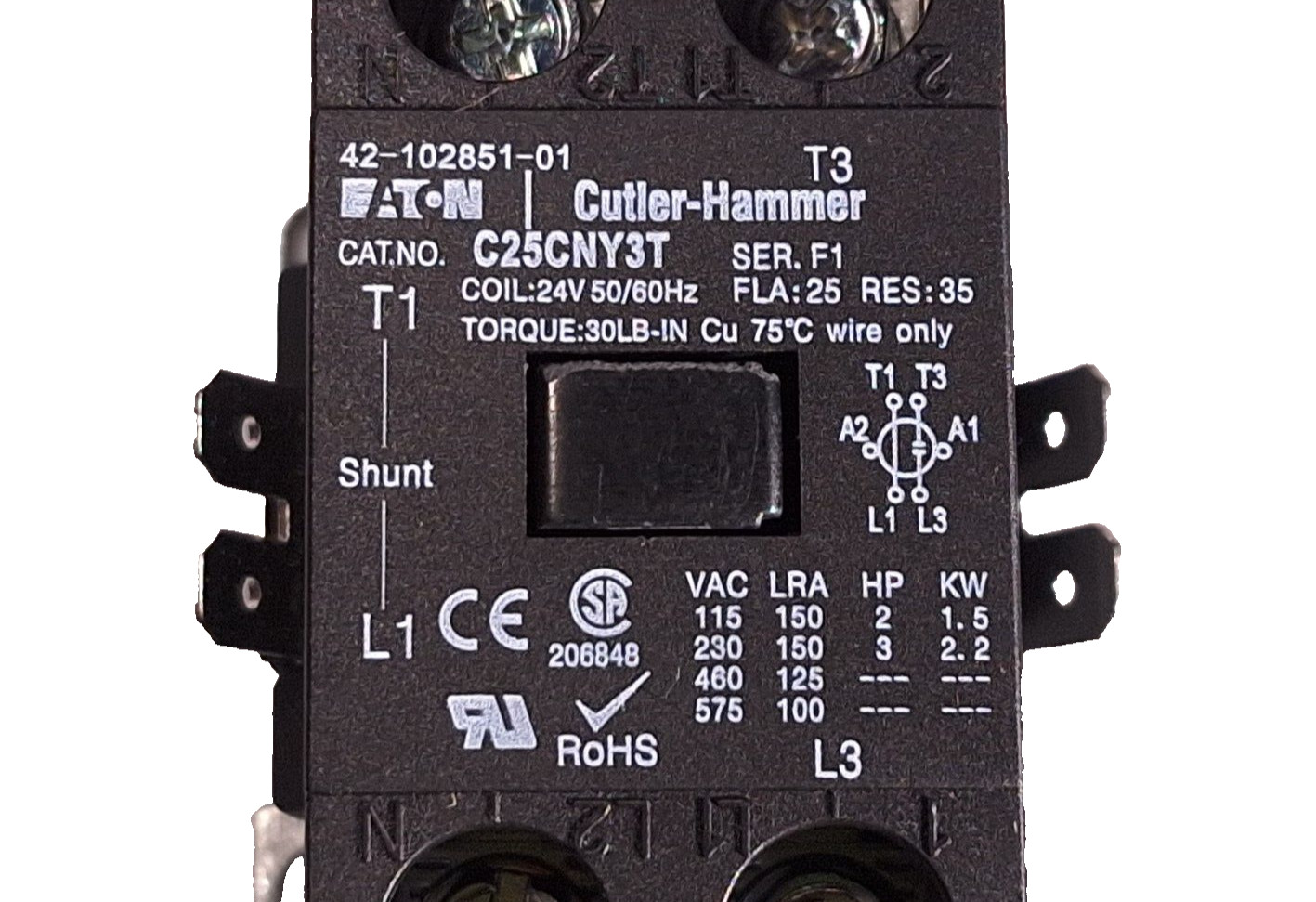 EATON CUTLER HAMMER C25CNY3T CONTACTOR 1P W/SHUNT FLA 25 RUUD 42-102851-01 OEM