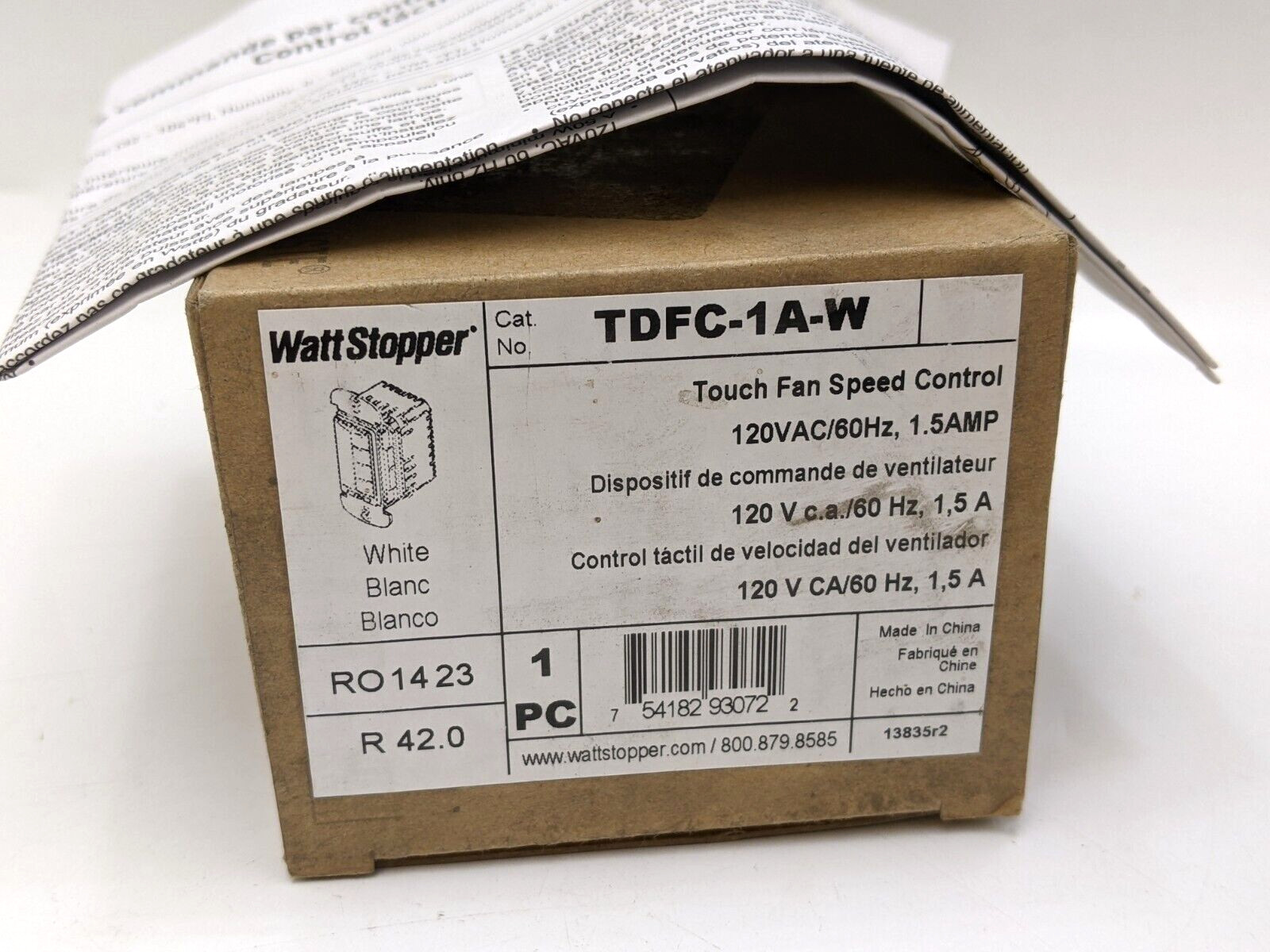Watt Stopper TDFC-1A-W Touch Fan Speed Control Switch 120V 60Hz 1.5A White NOS