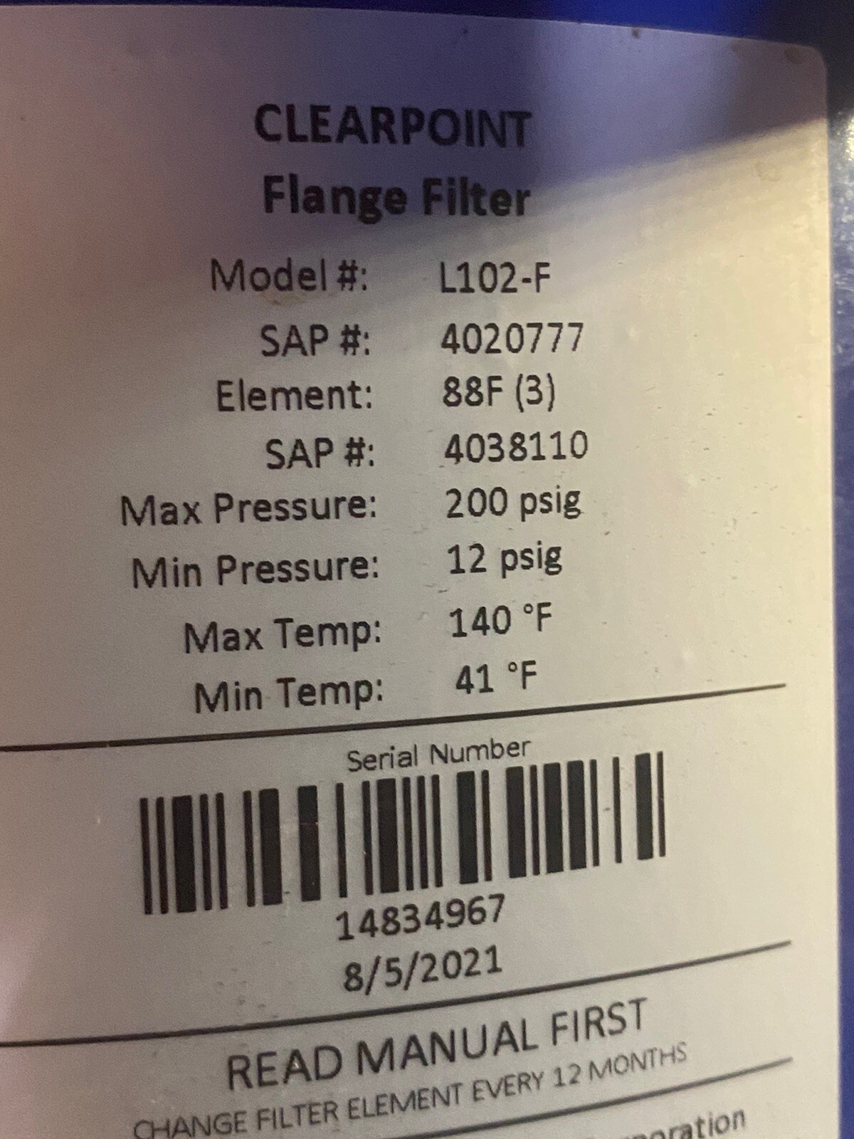 BEKO 761-0081-01 4020261/L102 MAWP 232 psi 140F 165 PSI 450F flanged filter 2021