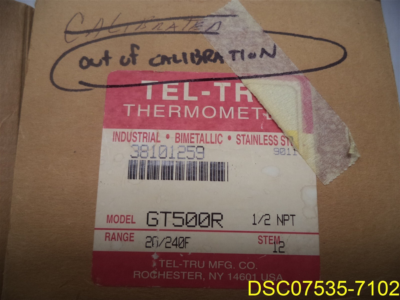 Needs Calibration: TEL-TRU GT500R THERMOMETER 20/240 F, 1/2″ NPT, 12″ Stem