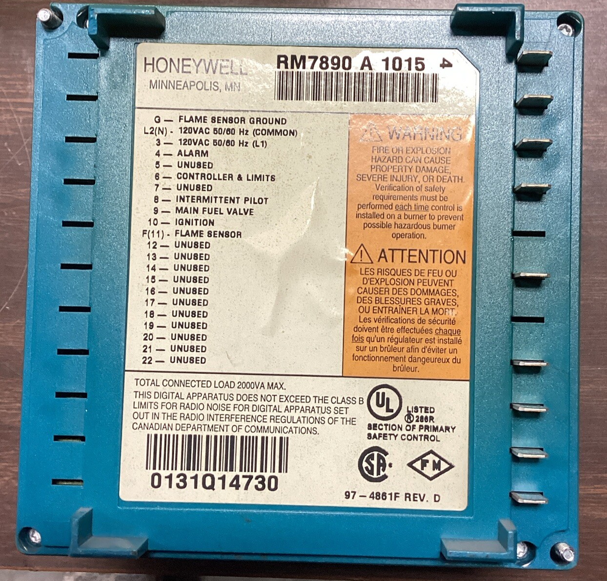 Honeywell Ultraviolet Flame Amplifier RM7890 A 1015