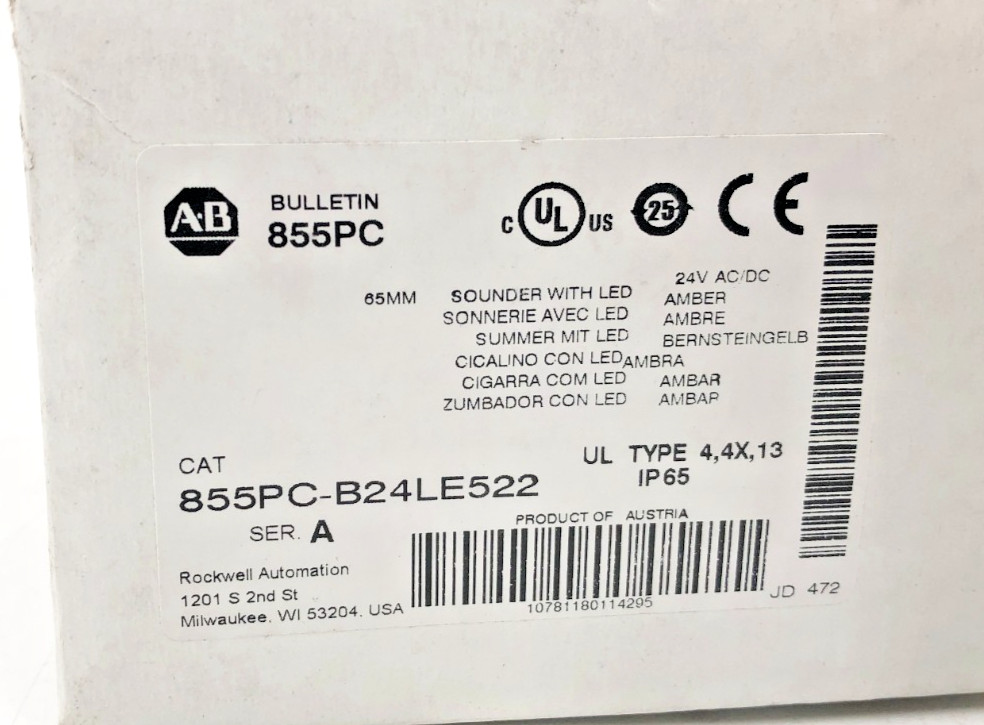 New Allen Bradley 855PC-B24LE522 Panel Mount Sounder w/ Amber LED 24VAC/DC