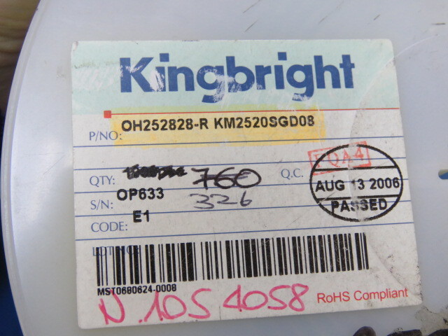 KINGBRIGHT KM2520SGD08 Qty of 326 per Lot LED, Green, SMD, 20 mA, 2.2 V, 568 nm