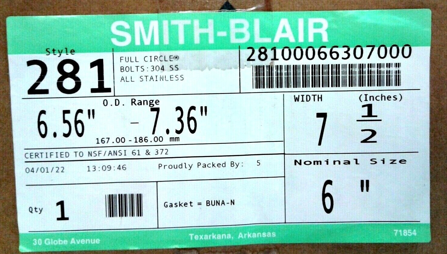 Smith-Blair 281 Full Circle 304 SS O.D.Range 6.56″-7.36″ Width 7 1/2″ Nominal 6″