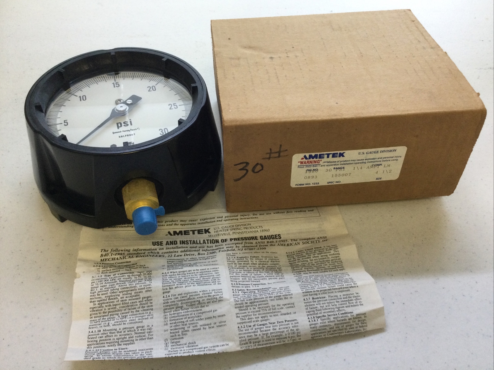NEW AMTEK U.S. GAUGE, 1980, 155007, 30 PSI, 1/4” ANPT 4-1/2″ SIZE FREE SHIPPING