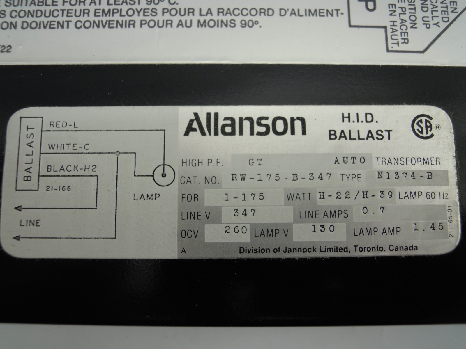 ALLANSON RW-175-B-347 H.I.D BALLAST TYPE N1374-B FOR 1-175 WATT H-22/H-39 ***NEW