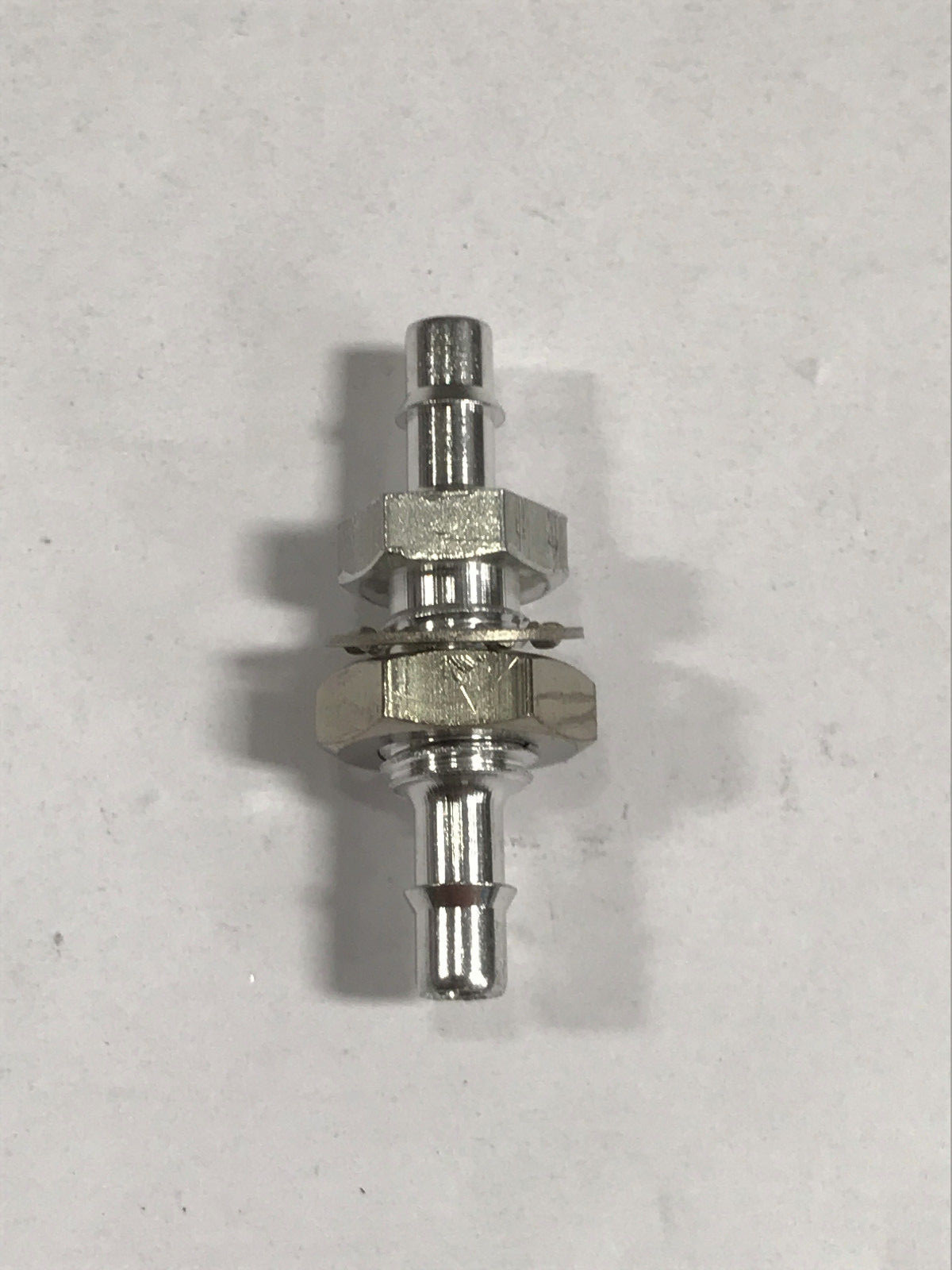 Aluminum bulkhead fitting, 1/4-28 UNF thread to 1/8 ID tubing barbs