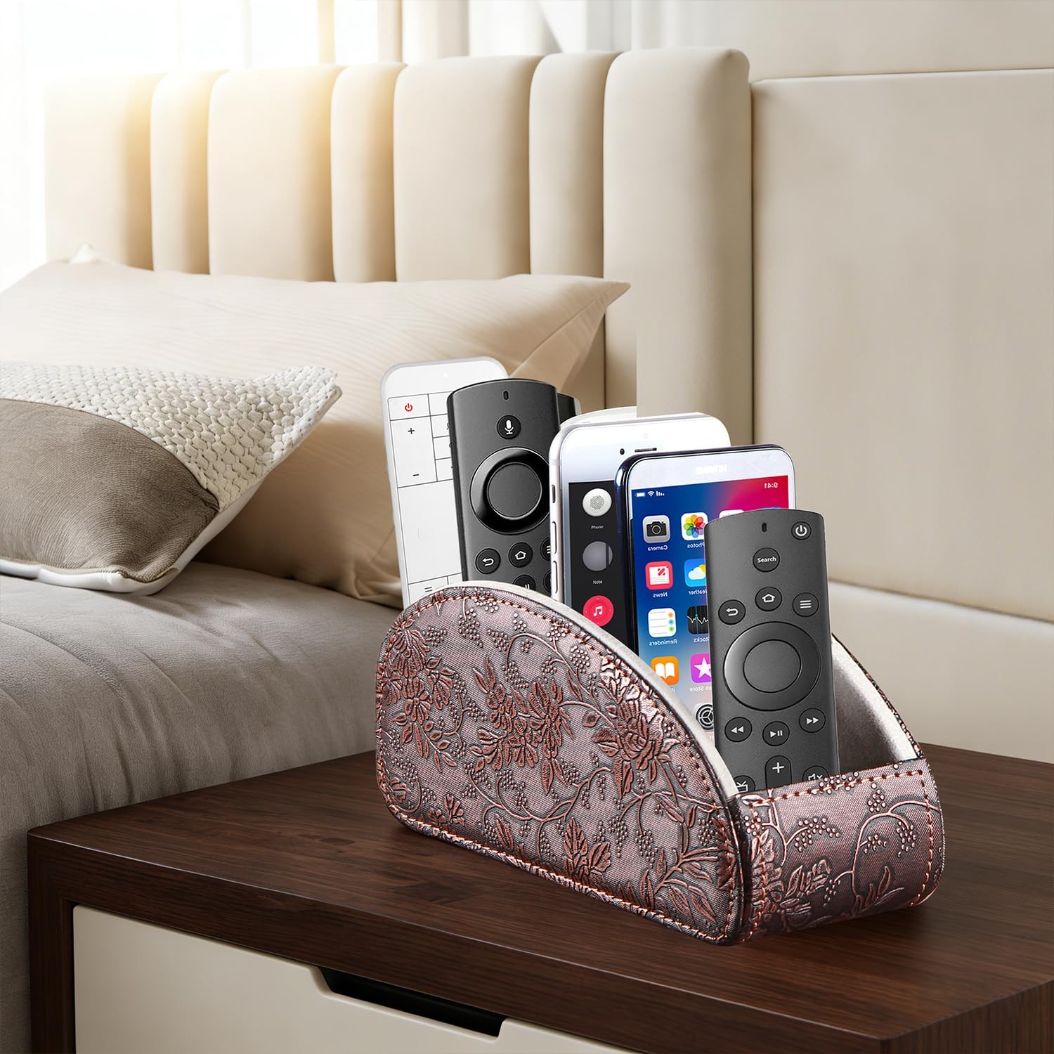 TV Remote Control Holder with 5 Compartments,Pu Leather Large, Antique Flower