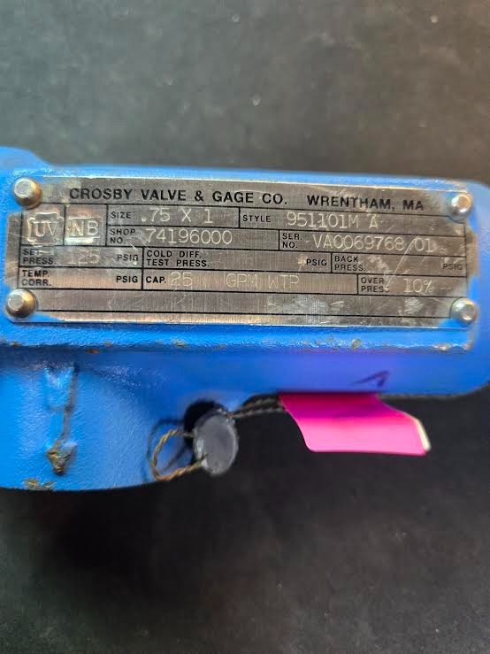 CROSBY 951101MA 125PSIG 125 PSIG RELIEF VALVE TESTED SALE $299