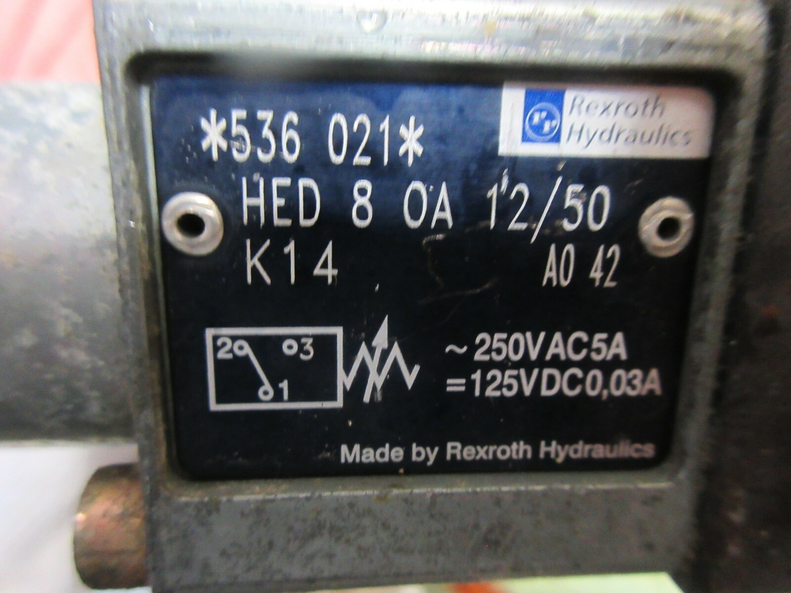 REXROTH HYDRAULIC VALVE 536 021 HED 8 0A 12/50 K14 A0 42 250VAC 5A HED 8 OA 12/