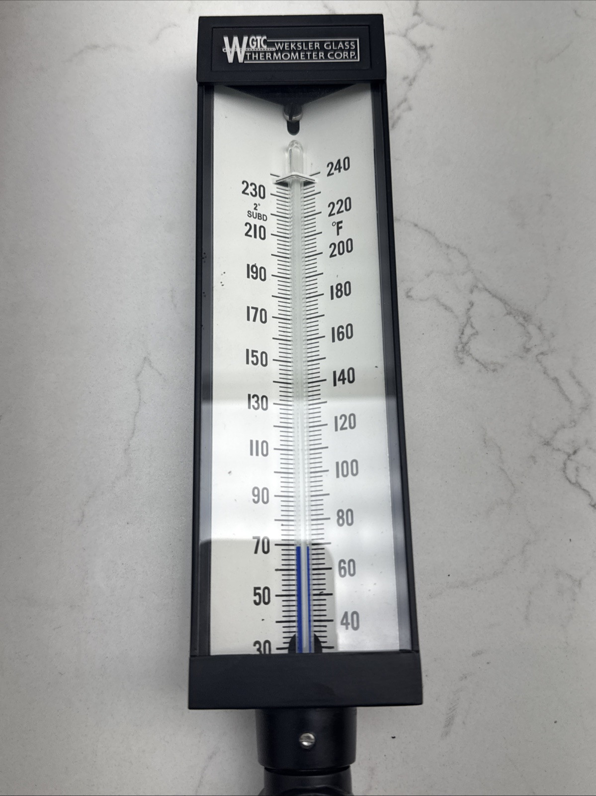 Weskler Glass Thermomoter 20/240 Deg F 7” Case 3.5” Stem W/ Well