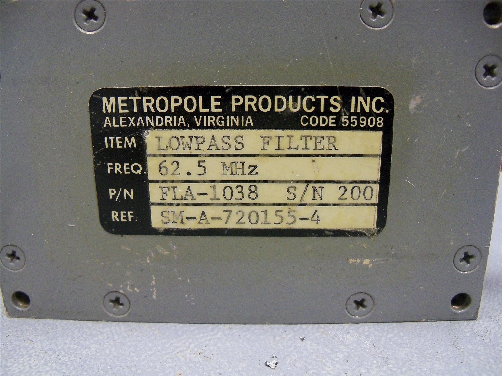 Lowpass Filter FLA-1038 S/N 200 Metropole Products 62.5 MHz SM-A-720155-4