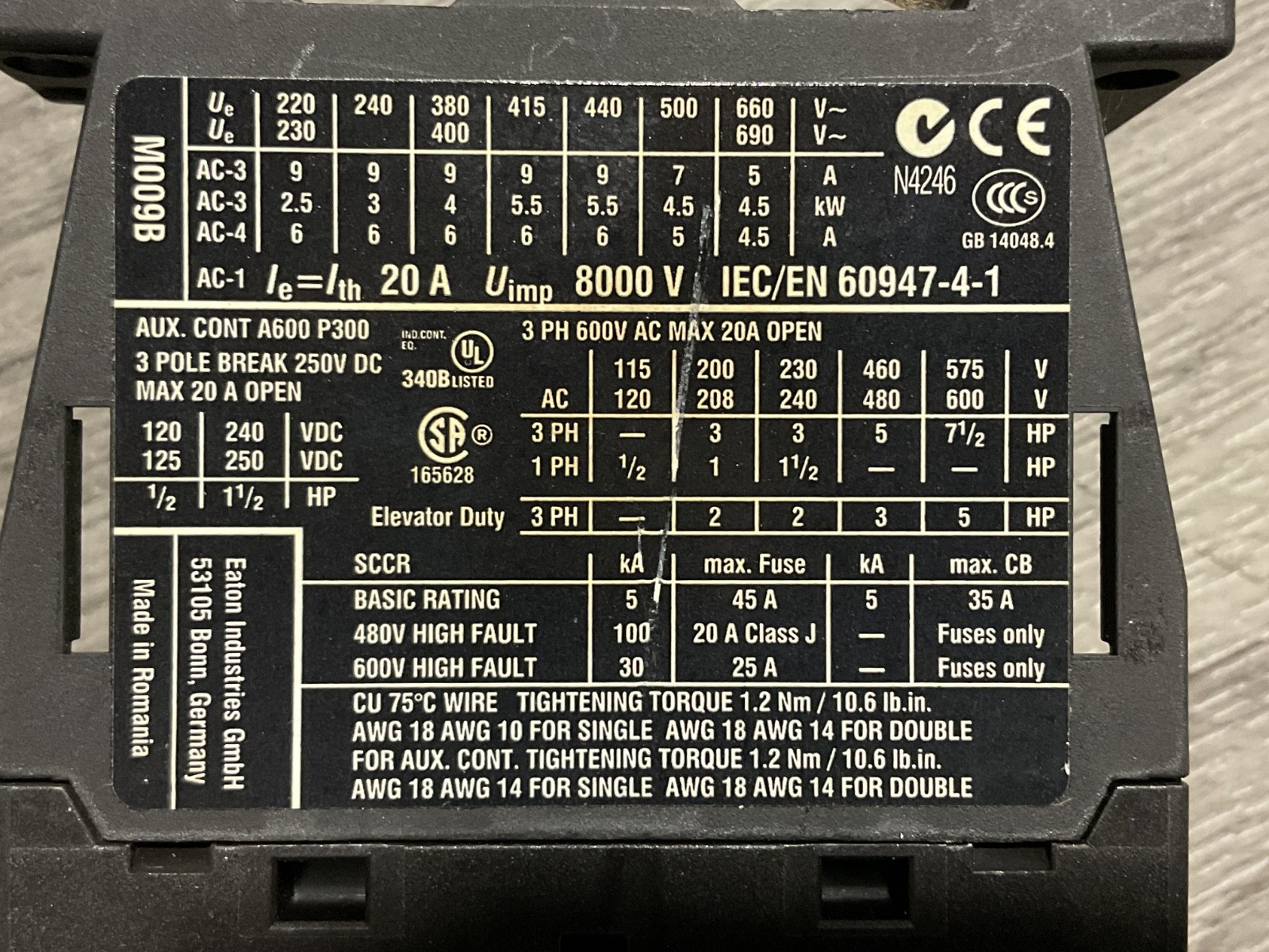 EATON CONTACTOR IEC/EN 60947-4-1 #313A150PR2