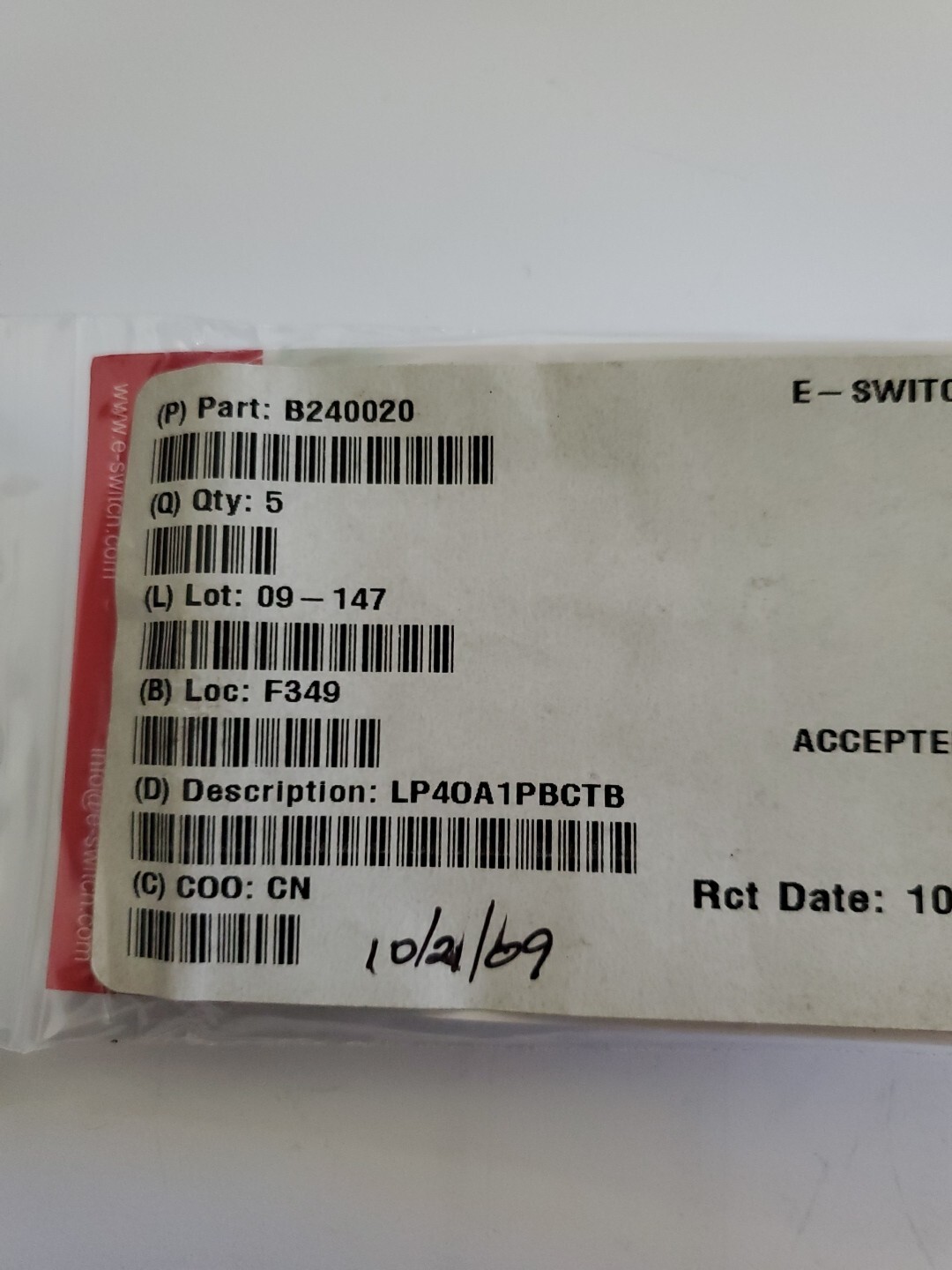 E-SWITCH/Lamb Industries B240020 LP40A1PBCTB E Switch Pk/5
