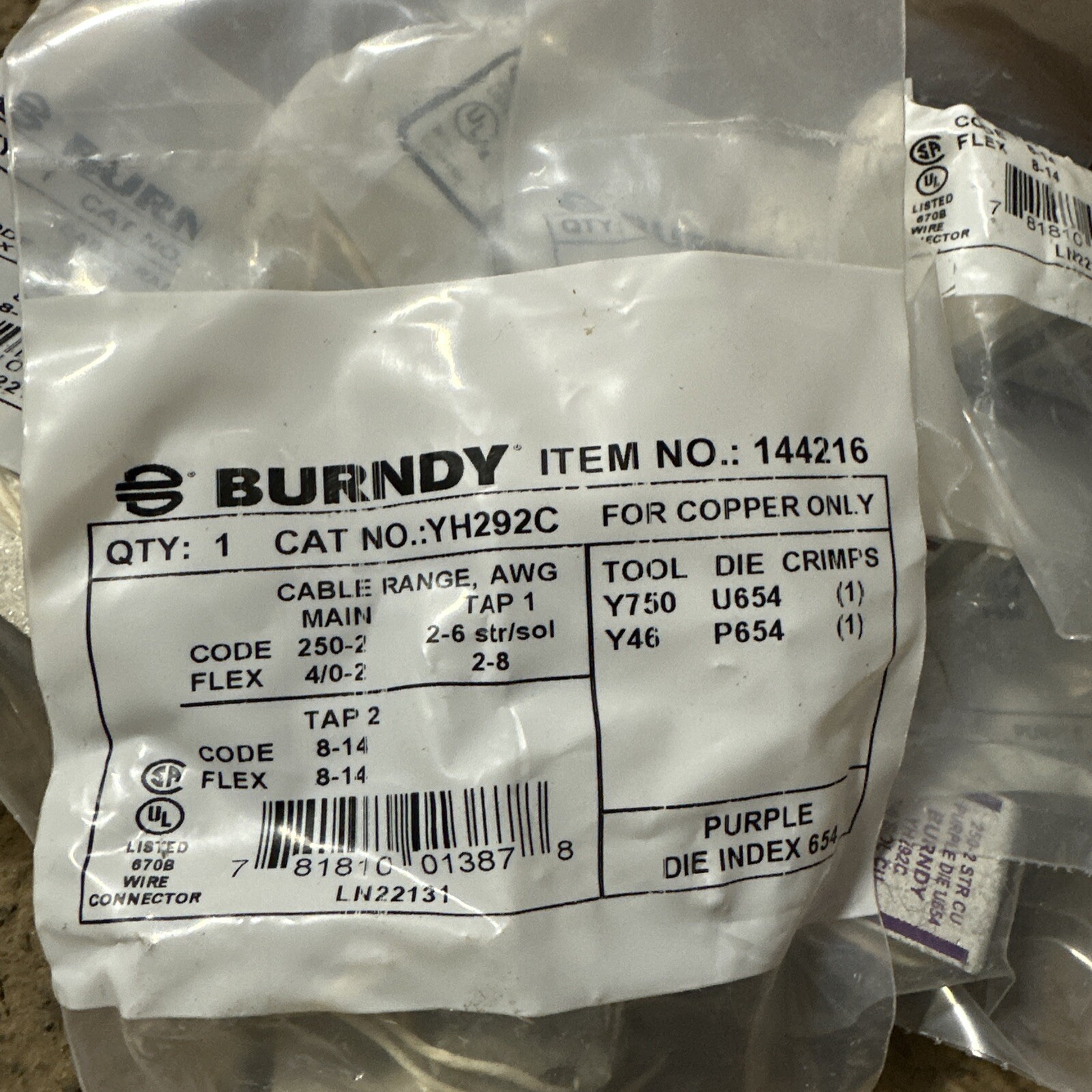 ⚡️(1) Burndy YH292C Copper H-Tap, 250 kcmil – 14 AWG PURPLE ⚡️