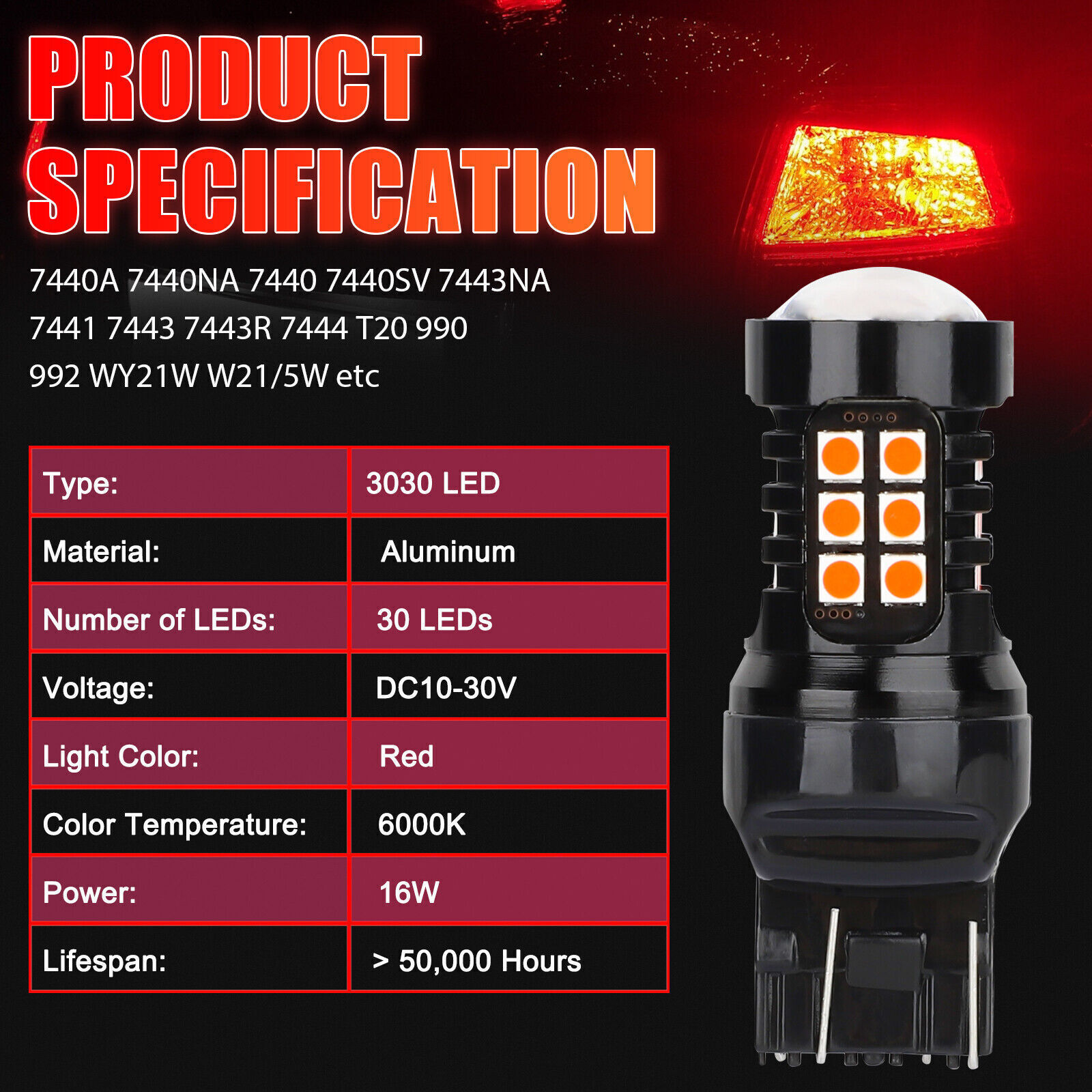 2PCS 7443 Red LED Strobe Bulbs: Blinking Brake, Stop, Tail & Parking Lights