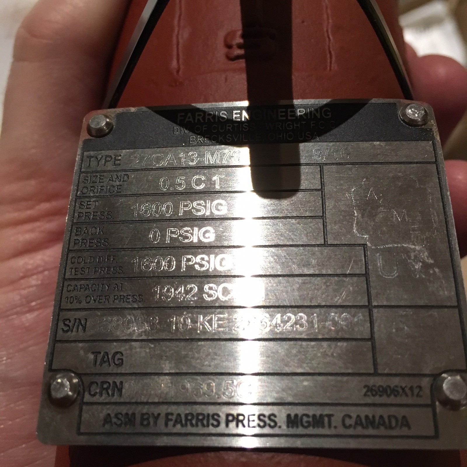 Farris 27CA13-M70 Pressure Release Valve 2700 Series 0.5″ Outlet 1″ 1600psi