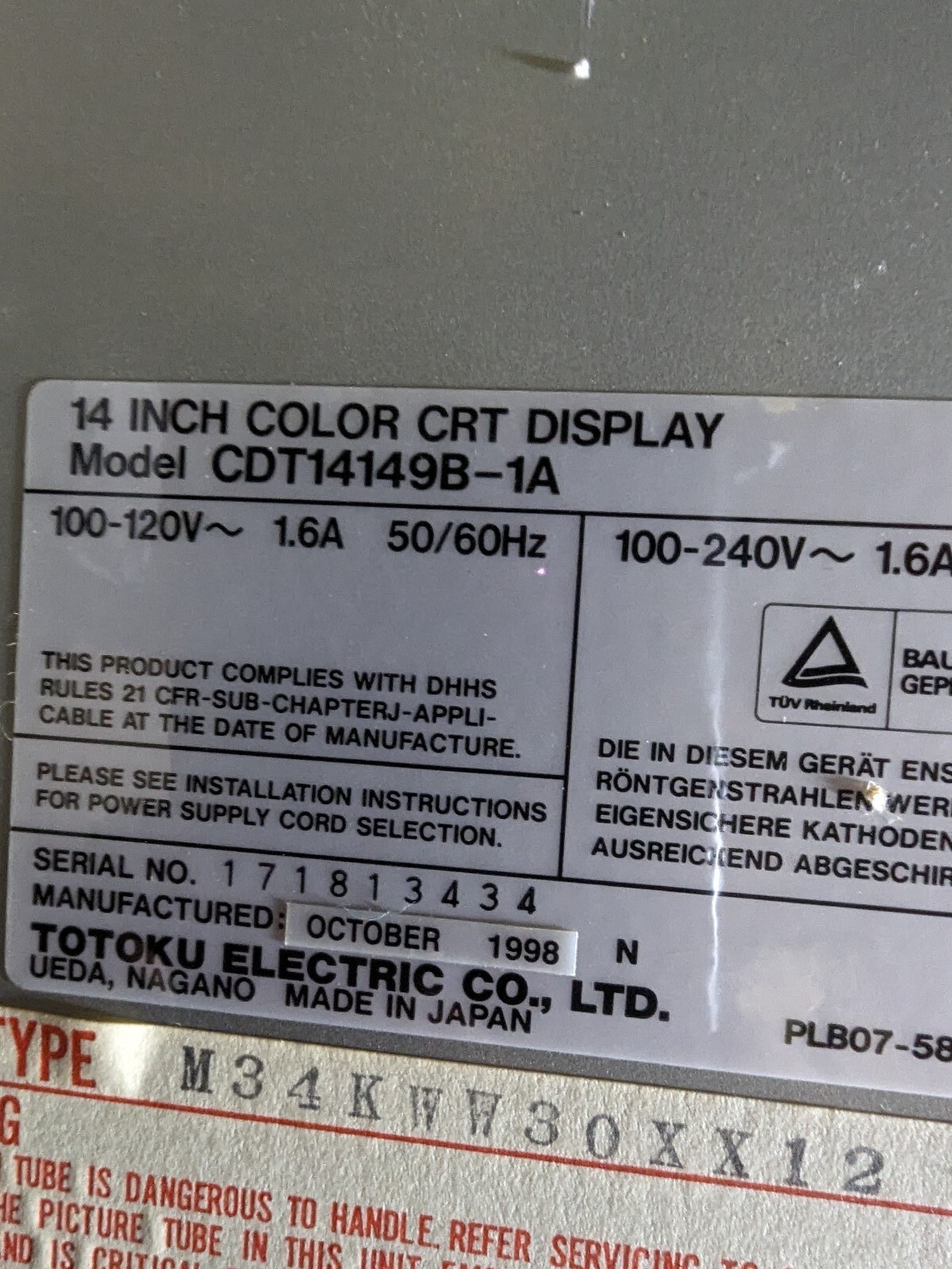 OKUMA CNC MILL TOTOKU CRT DISPLAY MONITOR CDT14149B-1A M34KNM23XX01 PLB07-580