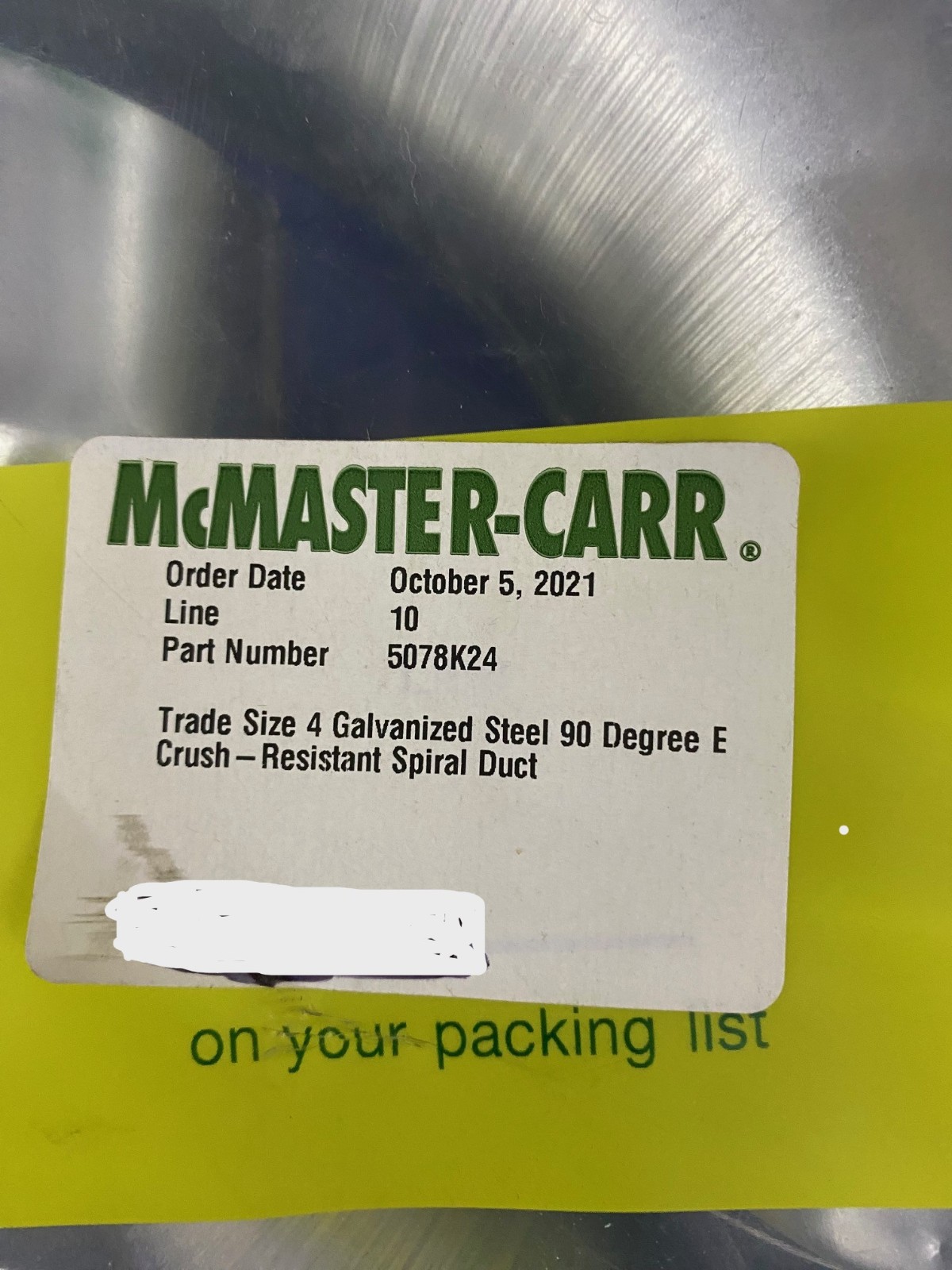 MCMASTER-CARR 5078K24 TRADE SIZE 4 GALVANIZED STEEL 90 DEGREE – 1 PKG QTY 2