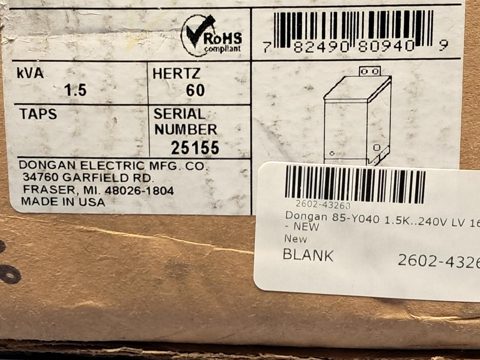 Dongan 85-Y040 1.5KVA 1PH Buck Boost Transformer HV 120X240V LV 16/32 – NEW