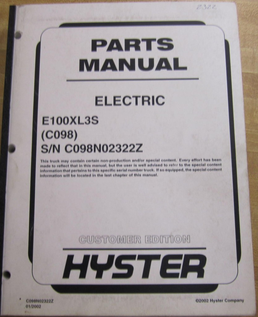 Hyster E100XL3S (C098) Electric Parts Manual Hy-E100XL3S