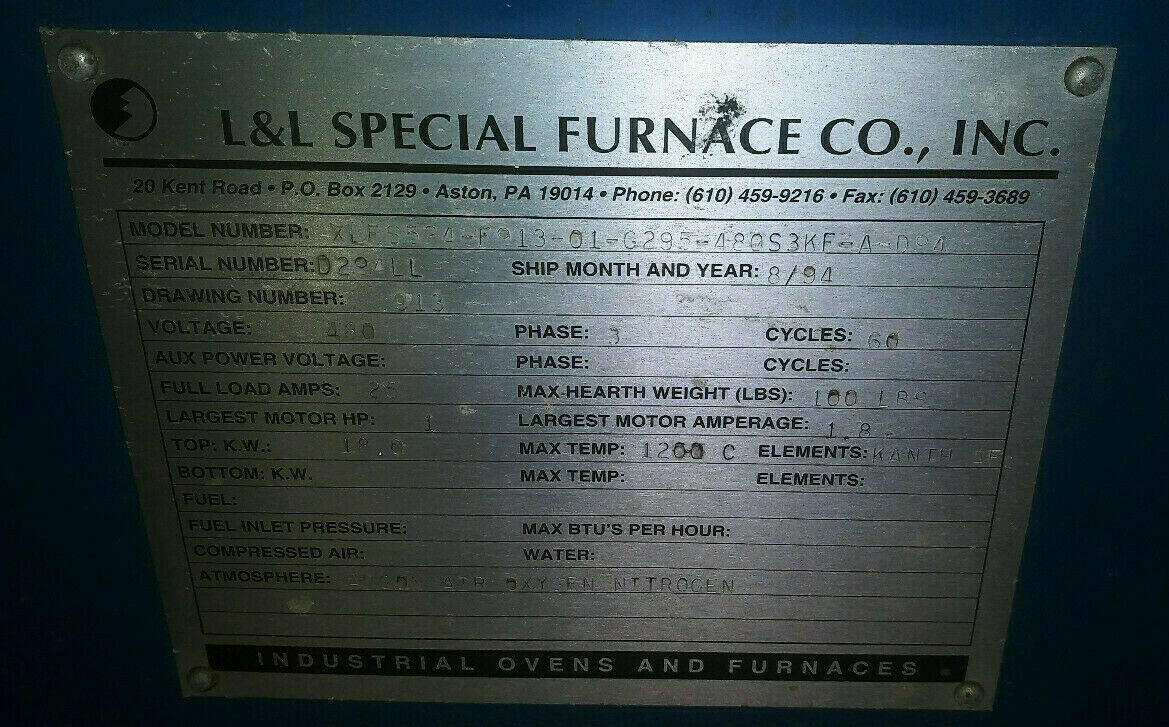 1 USED L&L SPECIAL FURNACE XLFS524-F913-01-G295-480S3KF-A-D94 OVEN *MAKE OFFER*