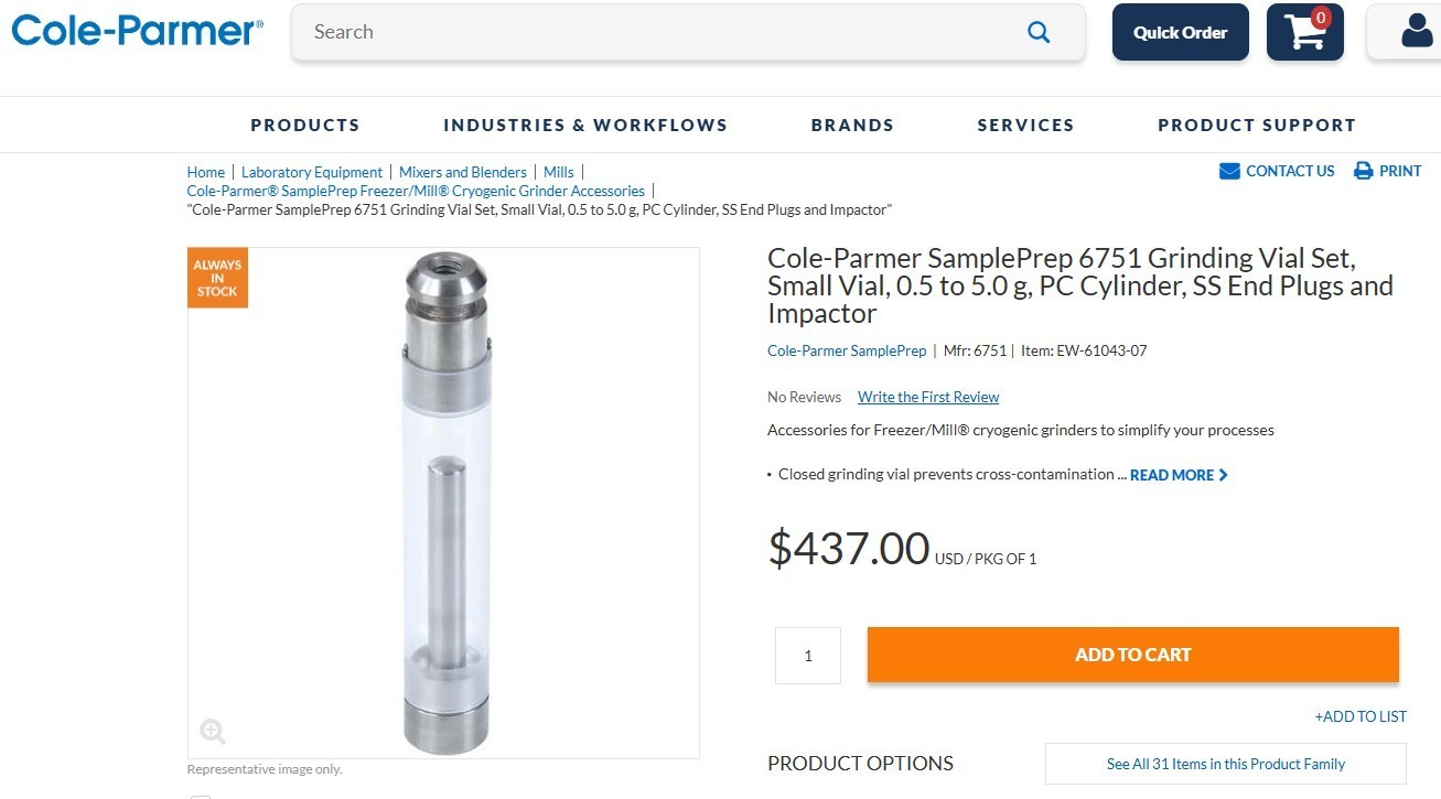 SPEX SamplePrep 6751 Small Grinding Vial Set Freezer/Mill 0.5-5 g ,