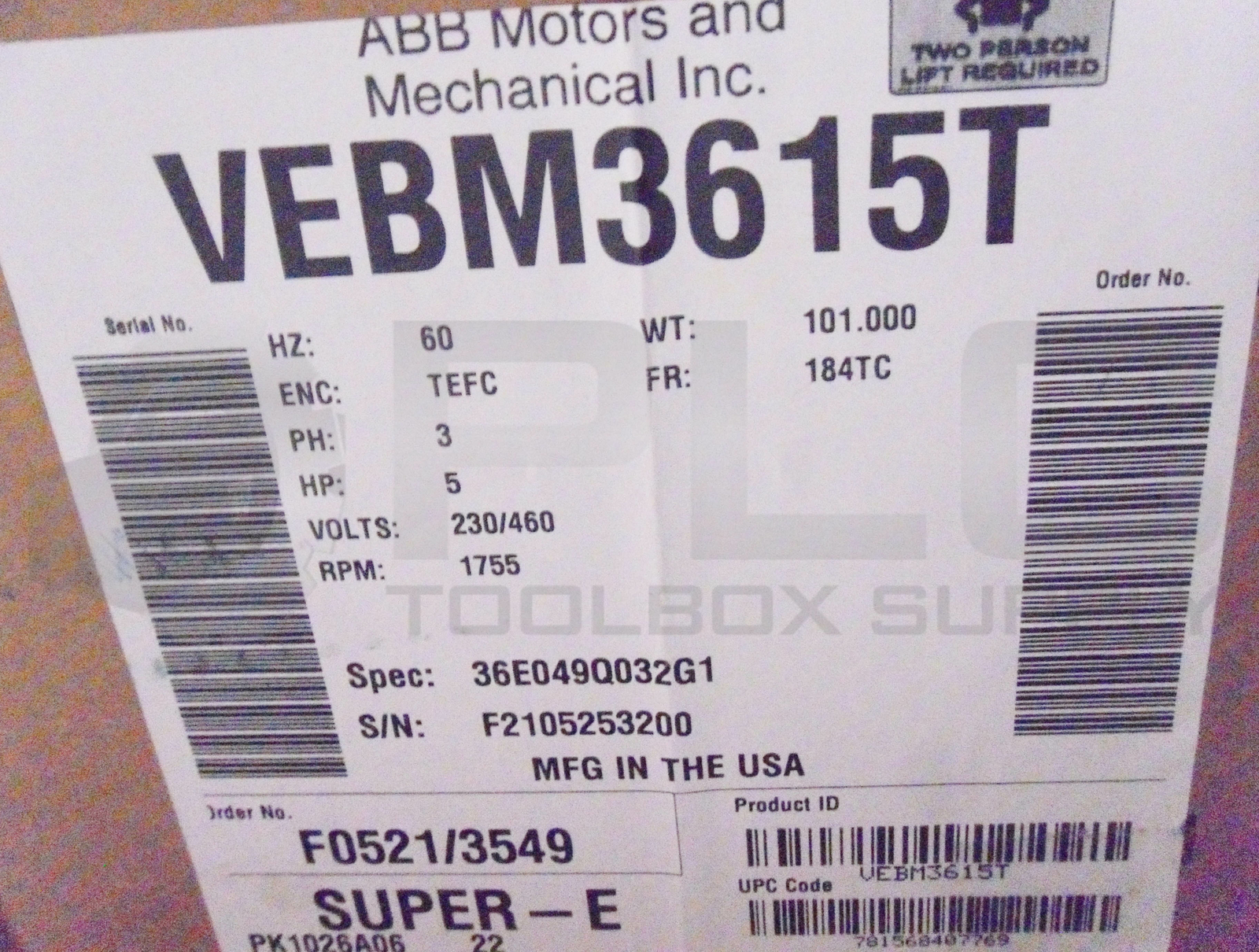 NEW BALDOR VEBM3615T SUPER E MOTOR SPEC 36ED49Q032G1 HP 5 230/460V RPM 1755