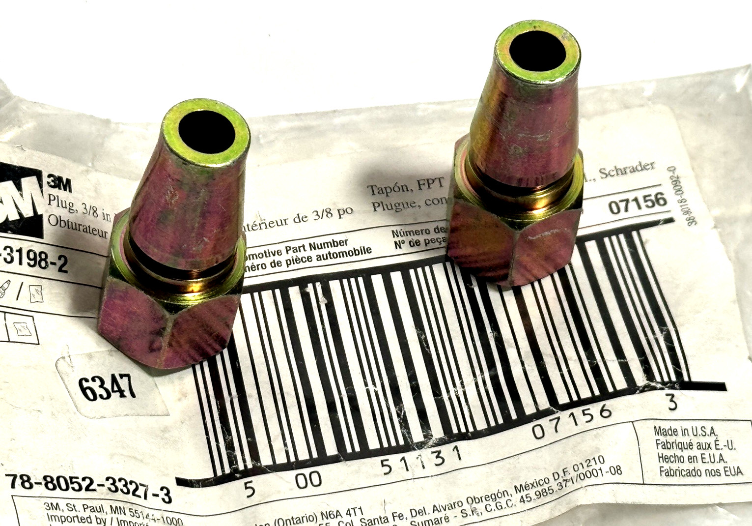 Qty 2, 3M Plug W-3198-2 / 07156 (AAD), 1/2″ Body Size, 3/8″ FPT, Schrader
