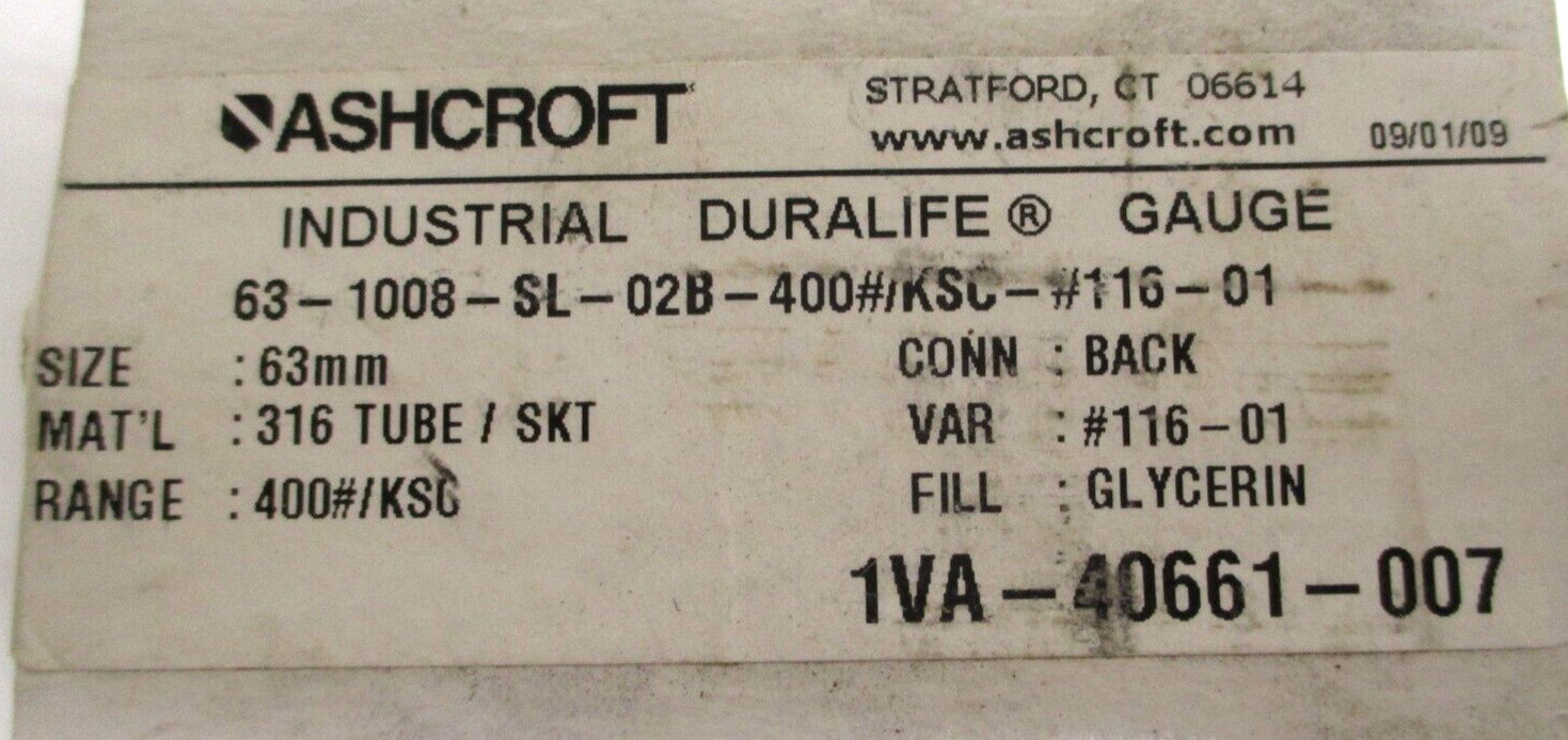 ASHCROFT, 63-1008-SL-02B-400#KSC-#116-01, LIQUID FILLED, BACK MOUNT, SURPLUS
