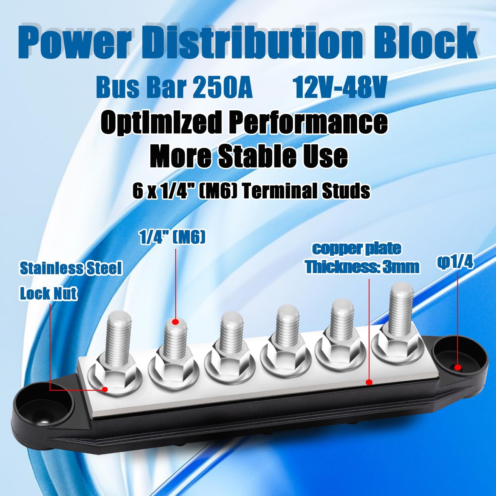 maierke 250A Bus Bar 12V Marine 1/4″ Power Distribution Block 6×1/4″