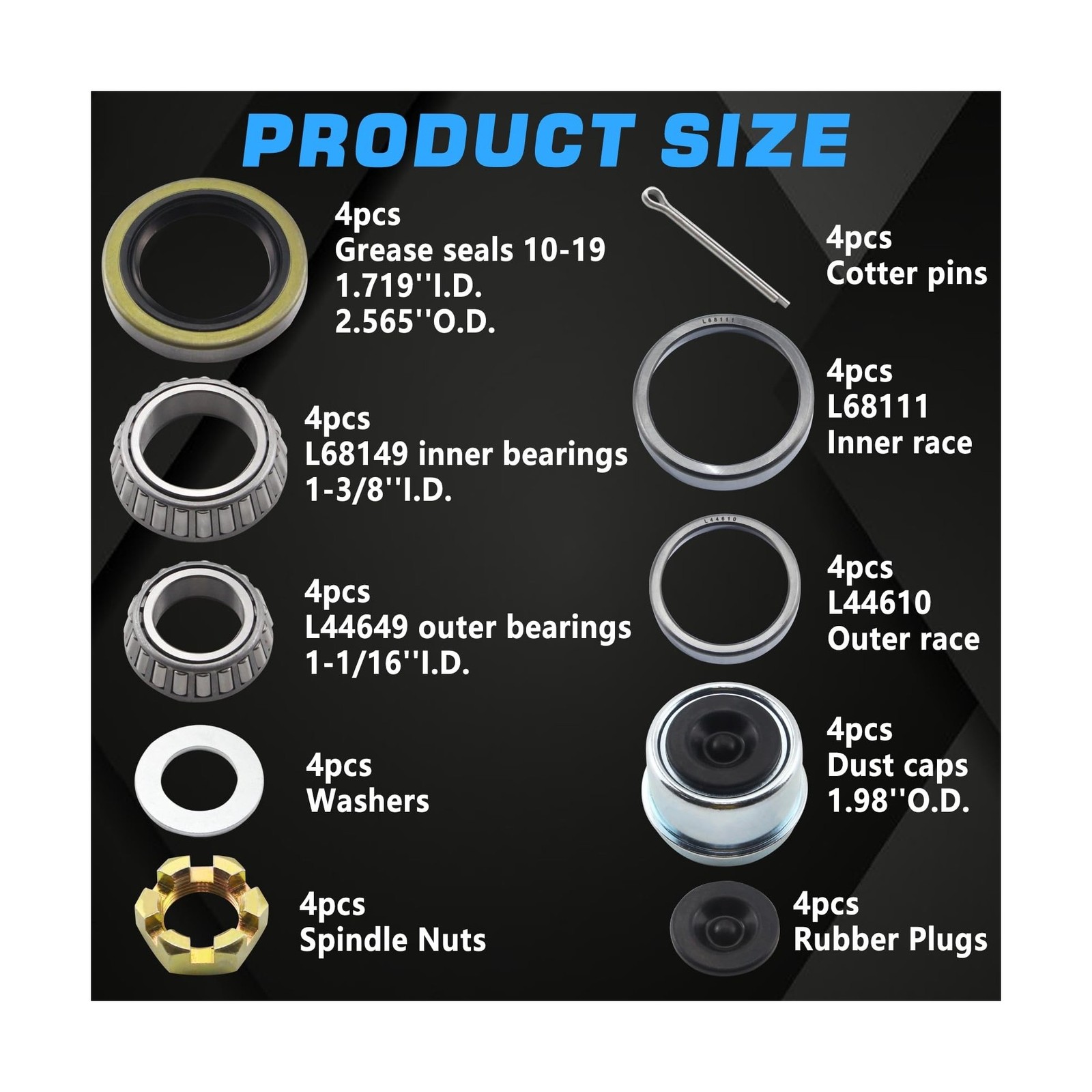 4Sets L68149 L44649 Trailer Hub Bearings Kit for 1-3/8” to 1-1/16” Tapered …