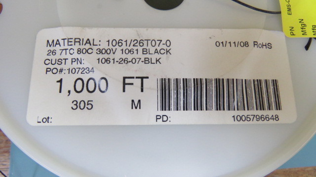 Anixter 1061-26-07-BLK Qty of 1000 per Lot 26 ga black 300v. Hook up wire. Lot